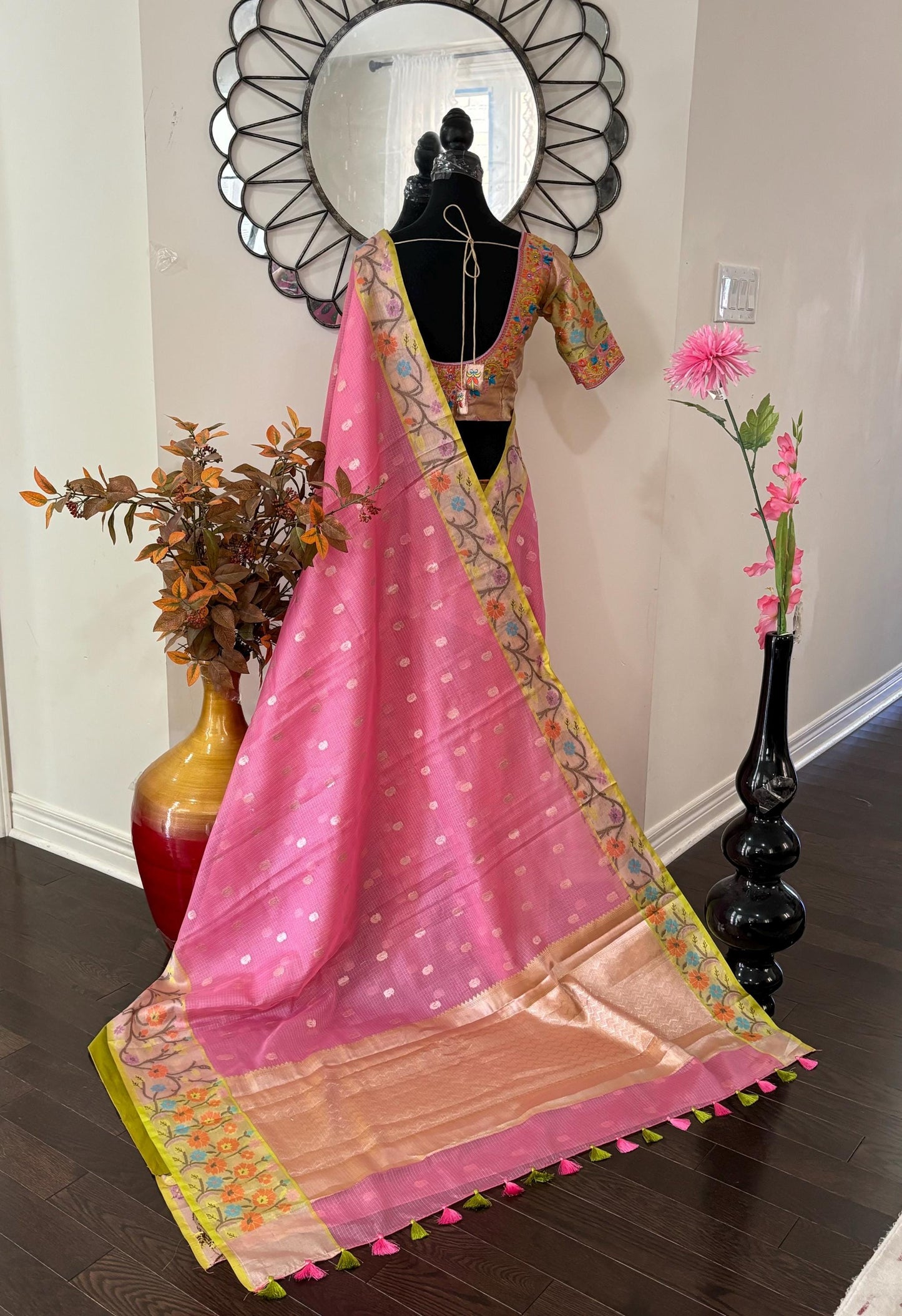 Beautiful Tissue Zari Kota saree with pythani Zari boardes and beautifully done blouse paired up with pretty blouse fits up to 32 to 46