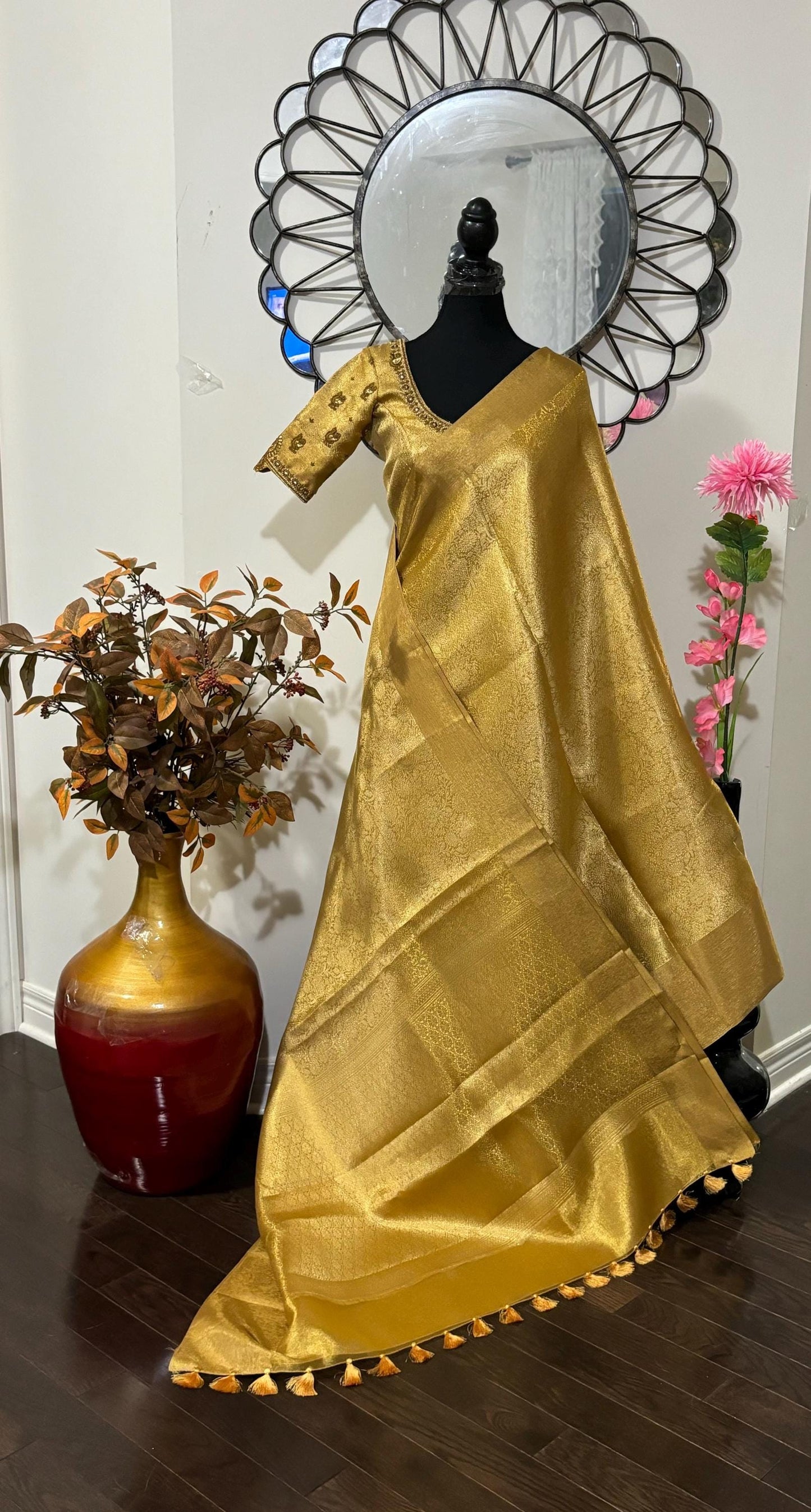 Banarasi golden tissue saree with self weaving butties on all over with beautifully done work blouse fits 32 to 46