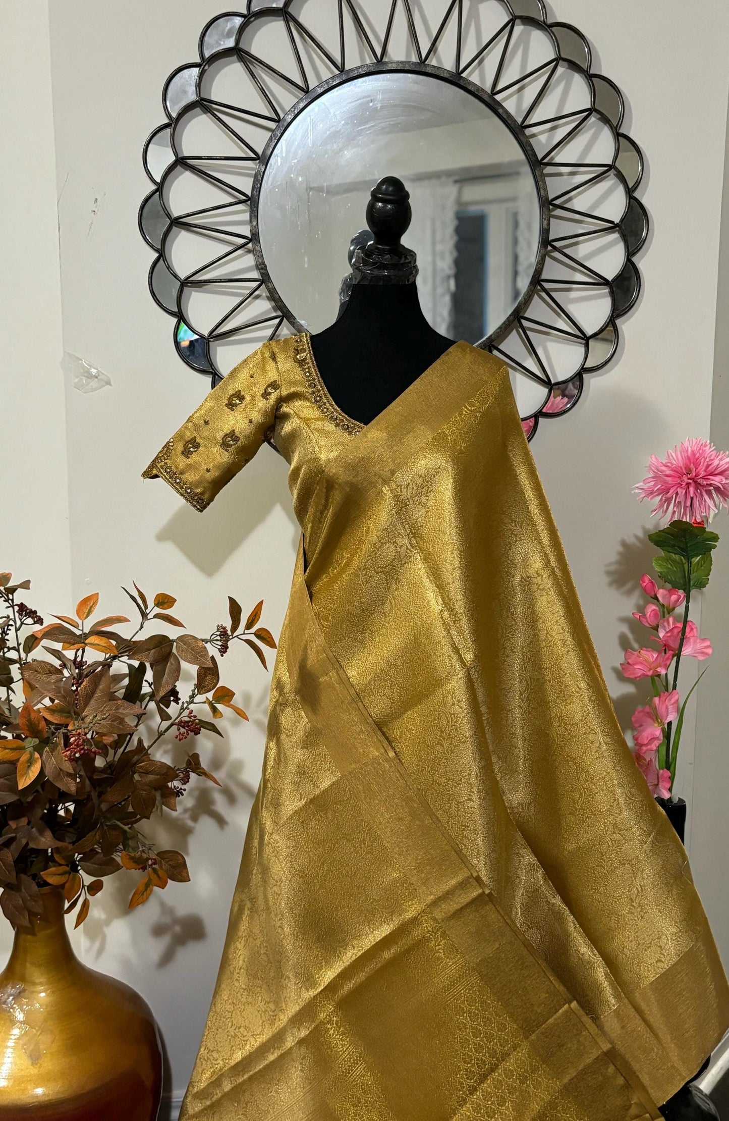 Banarasi golden tissue saree with self weaving butties on all over with beautifully done work blouse fits 32 to 46