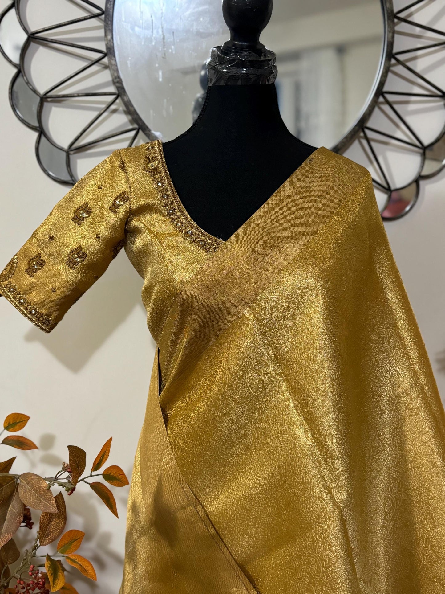 Banarasi golden tissue saree with self weaving butties on all over with beautifully done work blouse fits 32 to 46