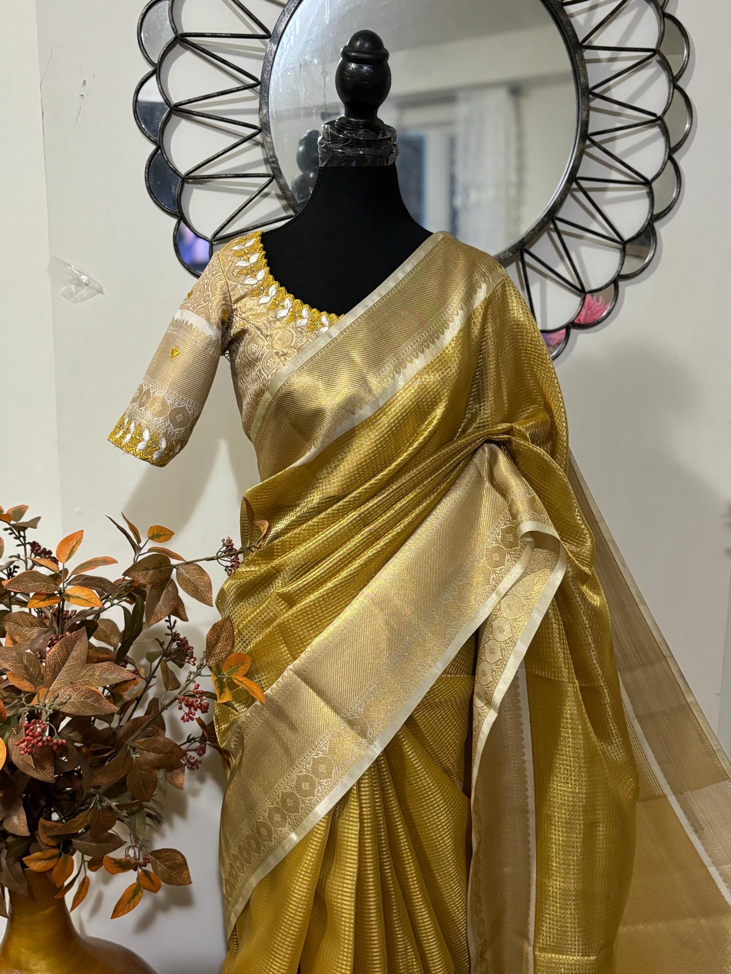 Banarasi double shades golden tissue saree with self weaving stripes on all over with beautifully done work blouse fits 32 to 46