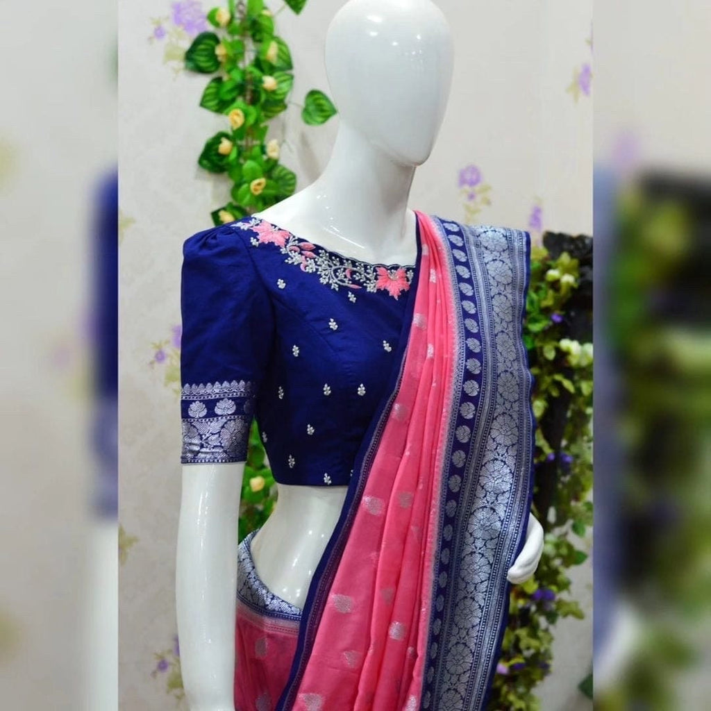 Beautiful banarasi kattan saree paired up with pretty maggam work blouse.