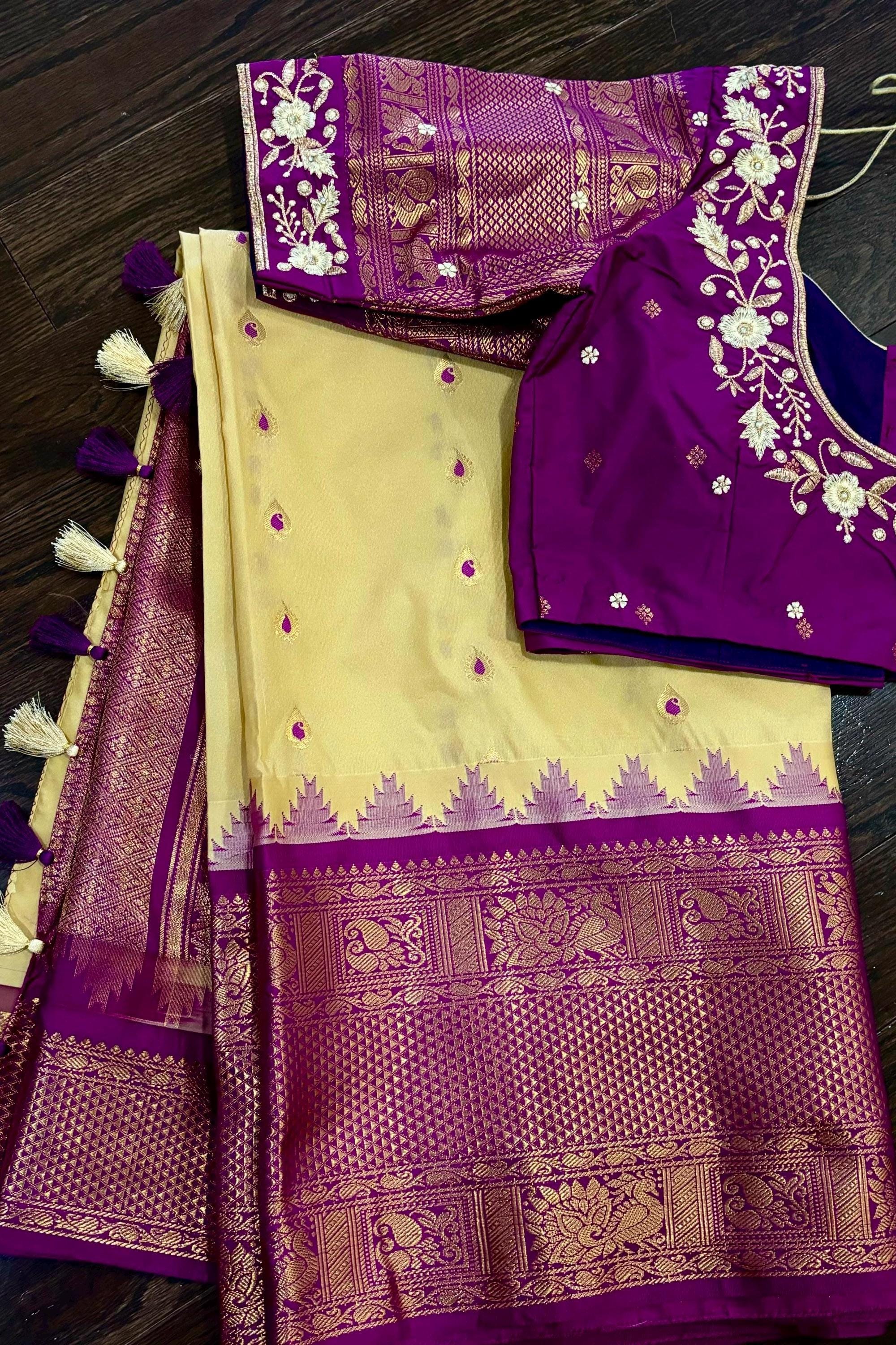 Gadwal Handloom pure silk sarees in rare colors and ready to wear blouse with embroidered blouse fits up to 32 -46 saree is ready fall pico