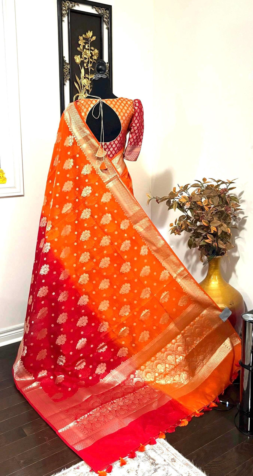 Banarasi dual shade handloom khadi georgette silk saree all over beautiful waterzariweavingbeautifulcombinations,orange and red readyblouse