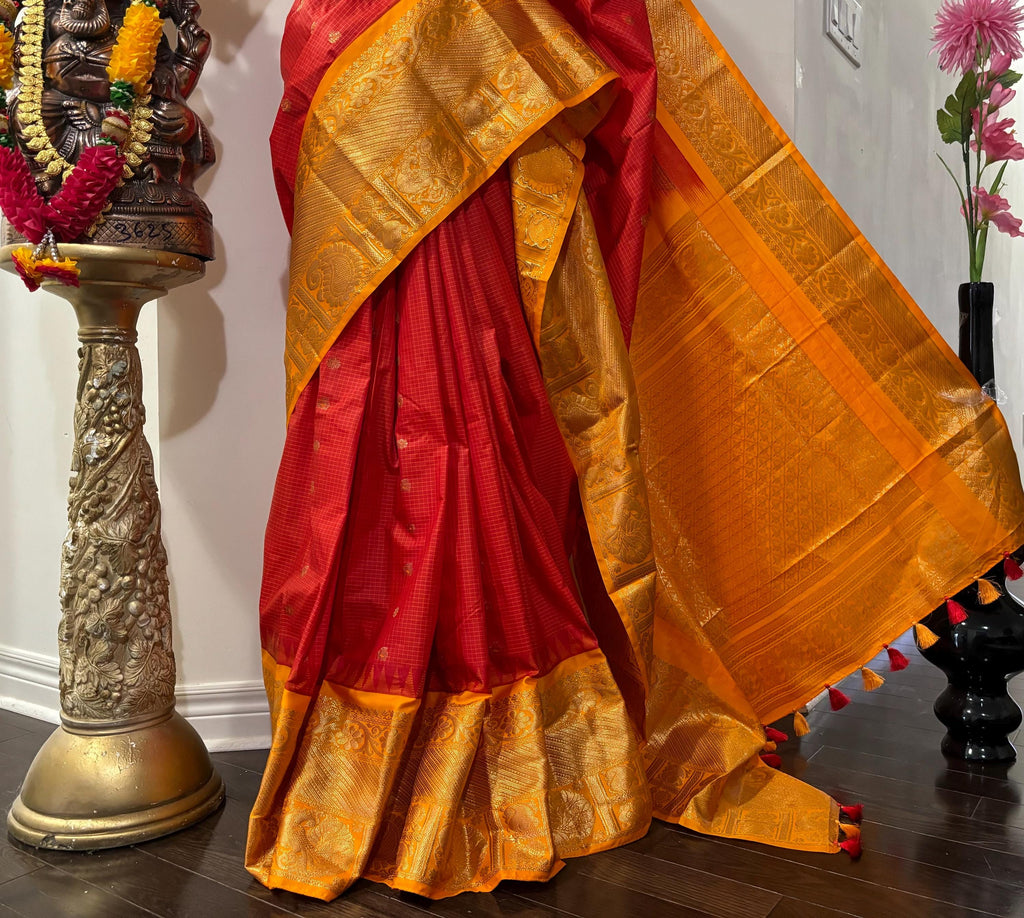 Gadwal Handloom pure silk sarees in Orange/yellow, ready to wear blouse with embroidered blouse fits up to 32 -46 saree is ready fall pico