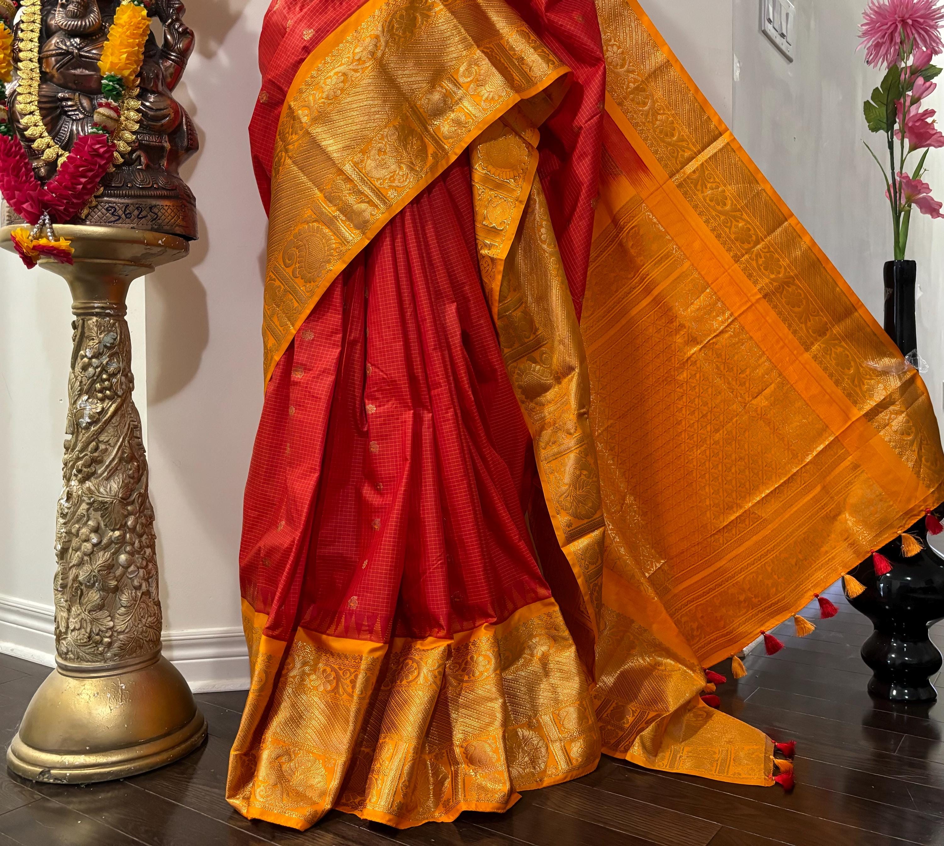 Gadwal Handloom pure silk sarees in Orange/yellow, ready to wear blouse with embroidered blouse fits up to 32 -46 saree is ready fall pico