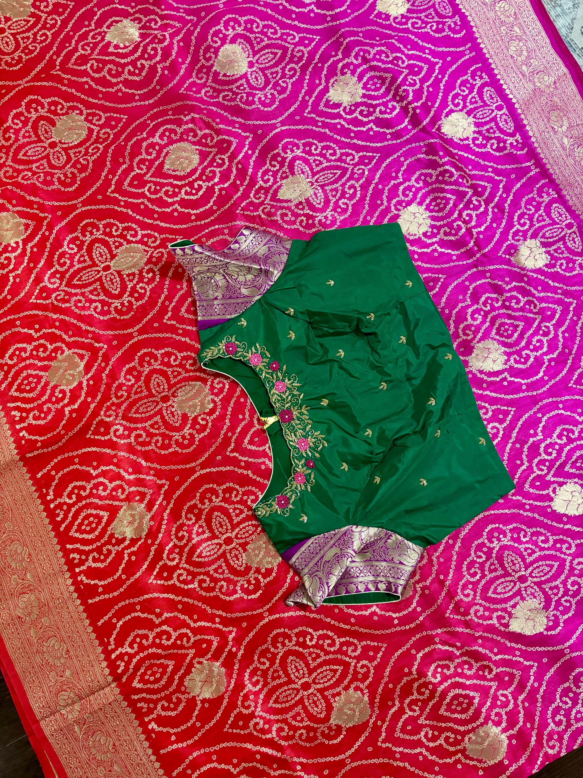 Beautiful cocktail dual shade  bandini silk saree paired up pretty maggam blouse fits  sizes 32 -46 ready to wear prettiest blouse