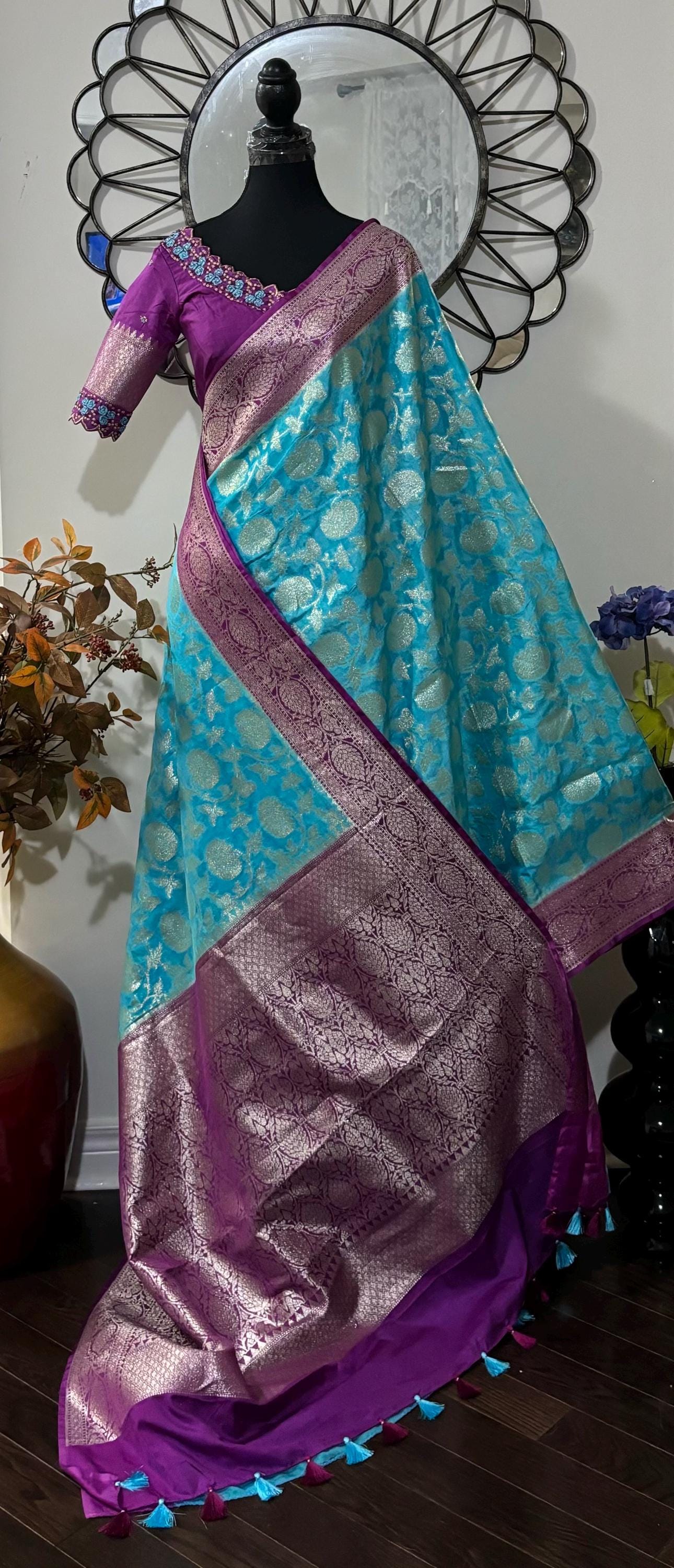 Beautiful banarasi silk saree paired up with beautiful embroidery blouse fits to 32 to 46 in beautiful rare colors all over jaal. Cocktails