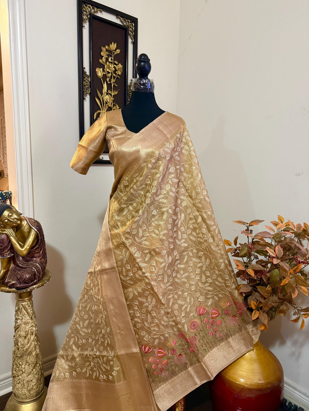 Beautiful gold tissue silk saree with all over embroidered floral design all over saree ready to wear designer blouse fits to 32-46