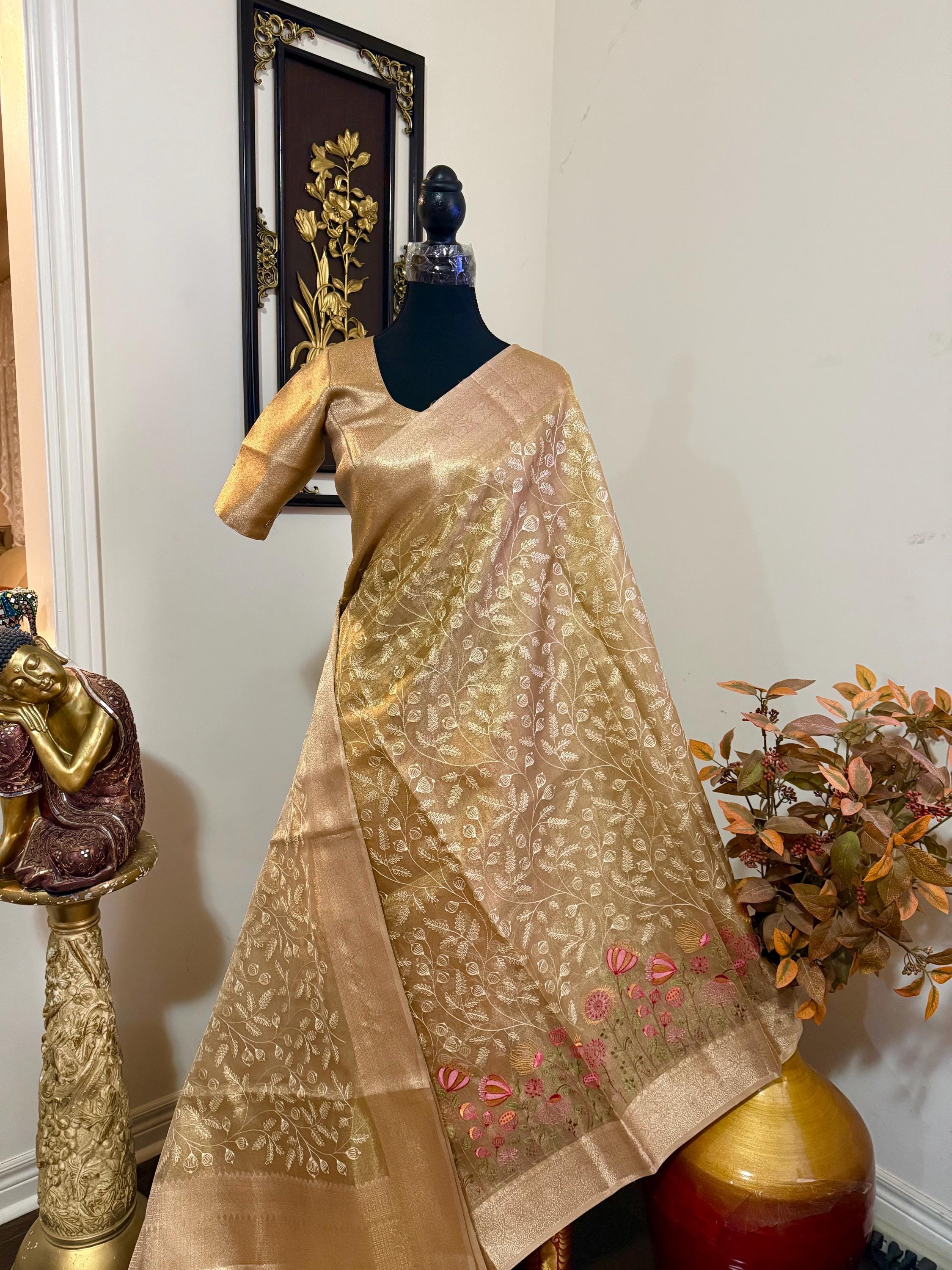 Beautiful gold tissue silk saree with all over embroidered floral design all over saree ready to wear designer blouse fits to 32-46