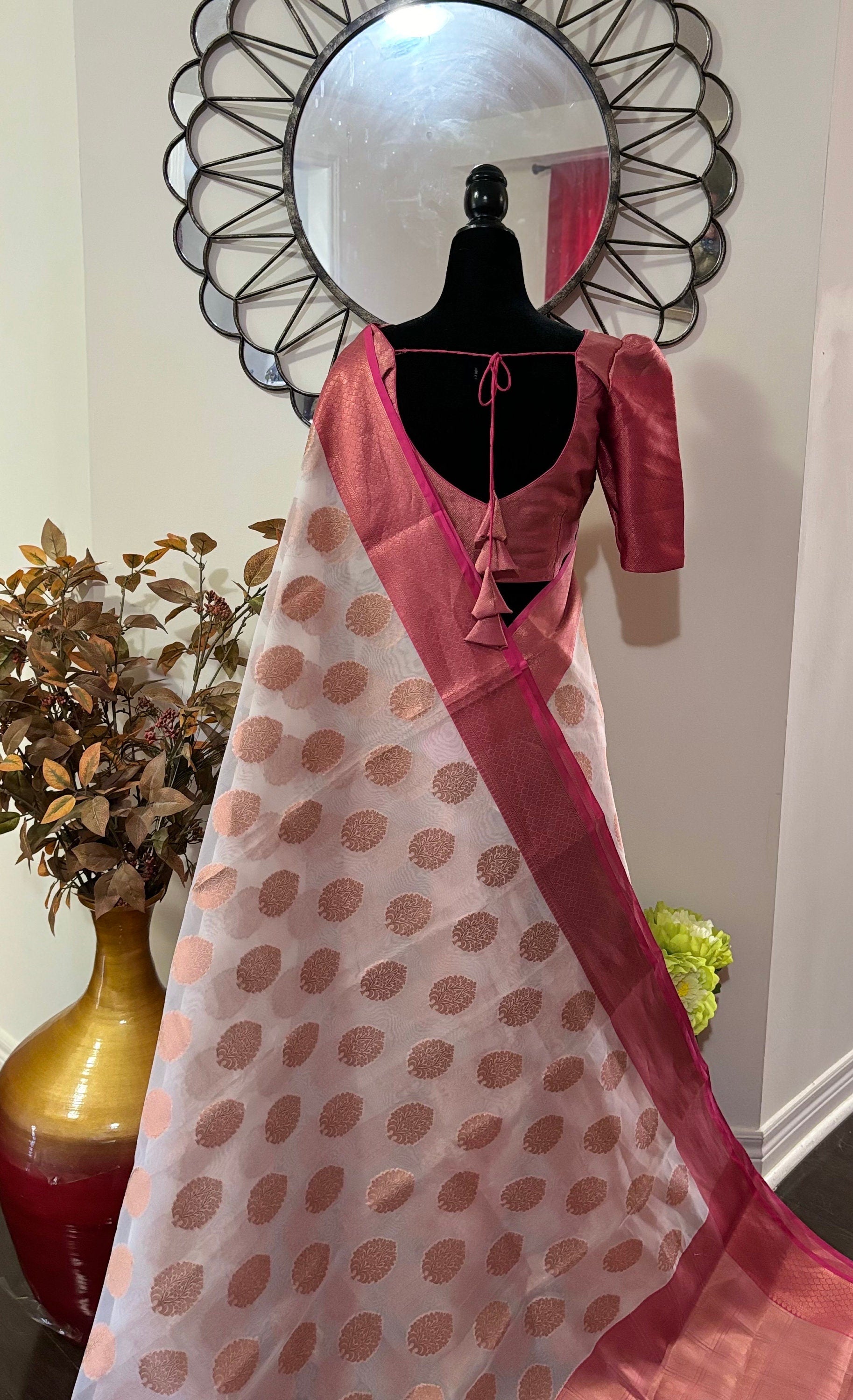 Pure silk Banarasi soft silk organza with Kanchi Boarder /Ready to wear Blouse fits 32-44