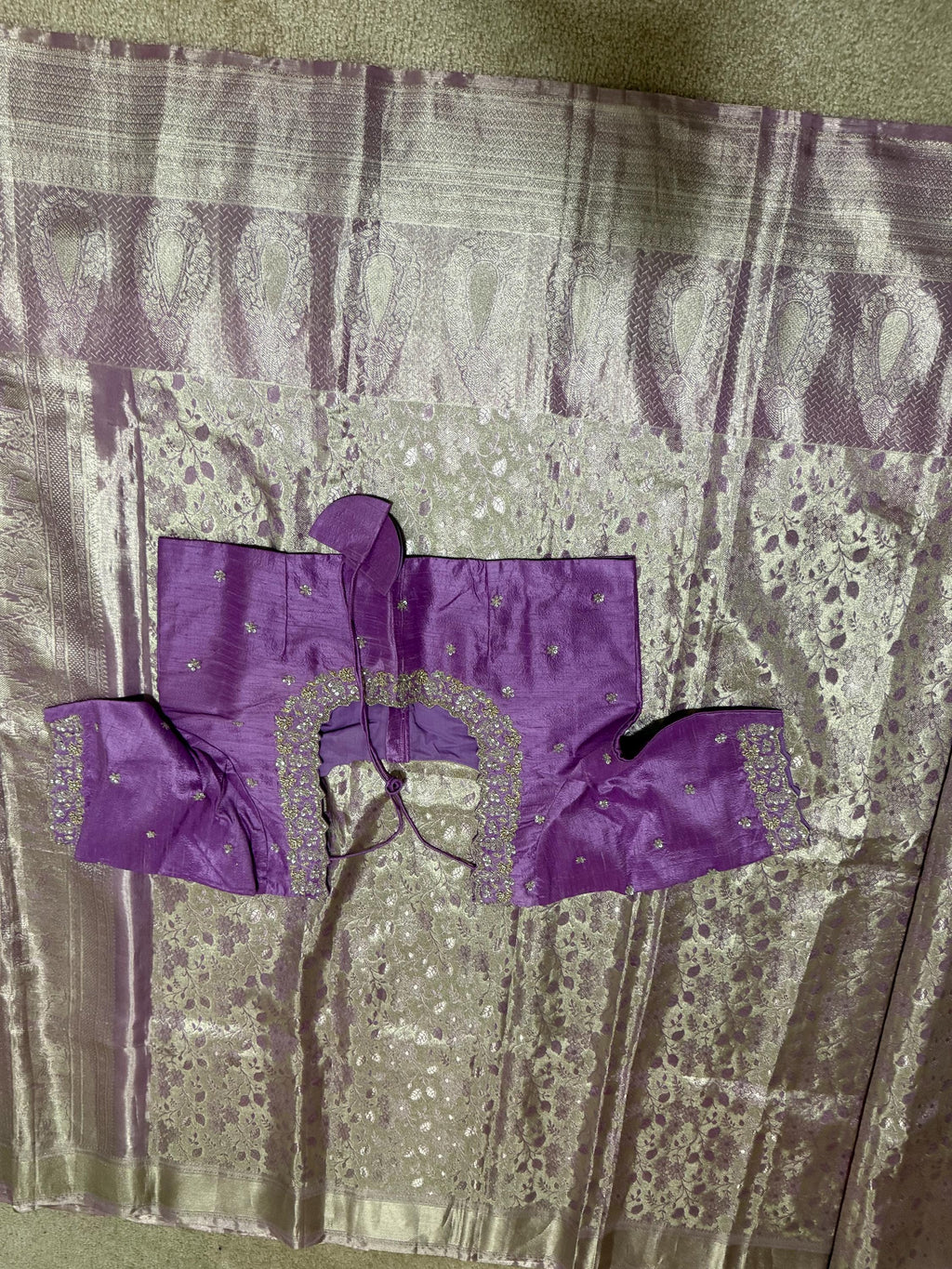 Kanchipuram tissu silk saree in rare colors with beautifully done hand  made embroidered blouse with ready to wear work blouse fits 32 to 46