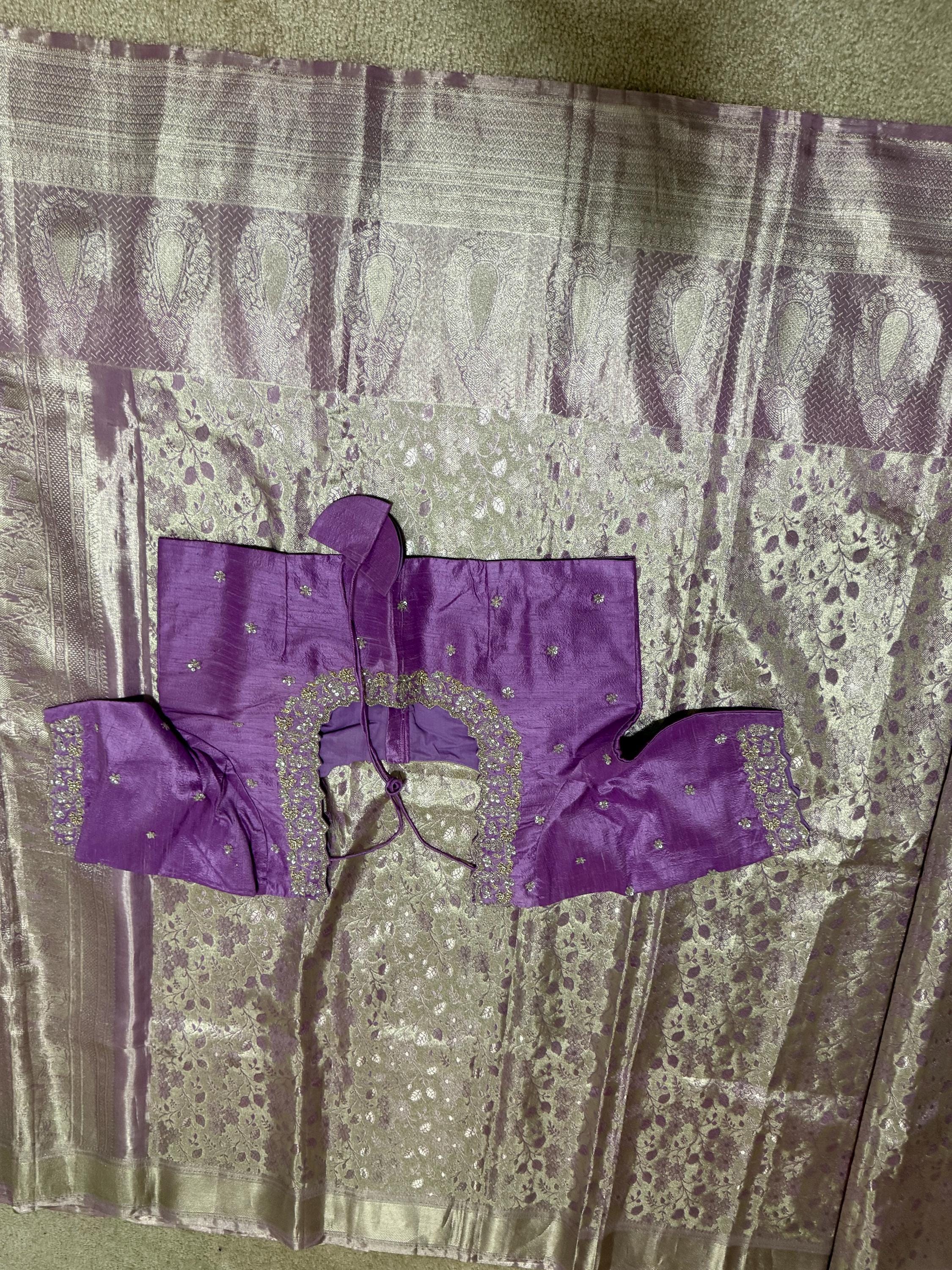 Kanchipuram tissu silk saree in rare colors with beautifully done hand  made embroidered blouse with ready to wear work blouse fits 32 to 46