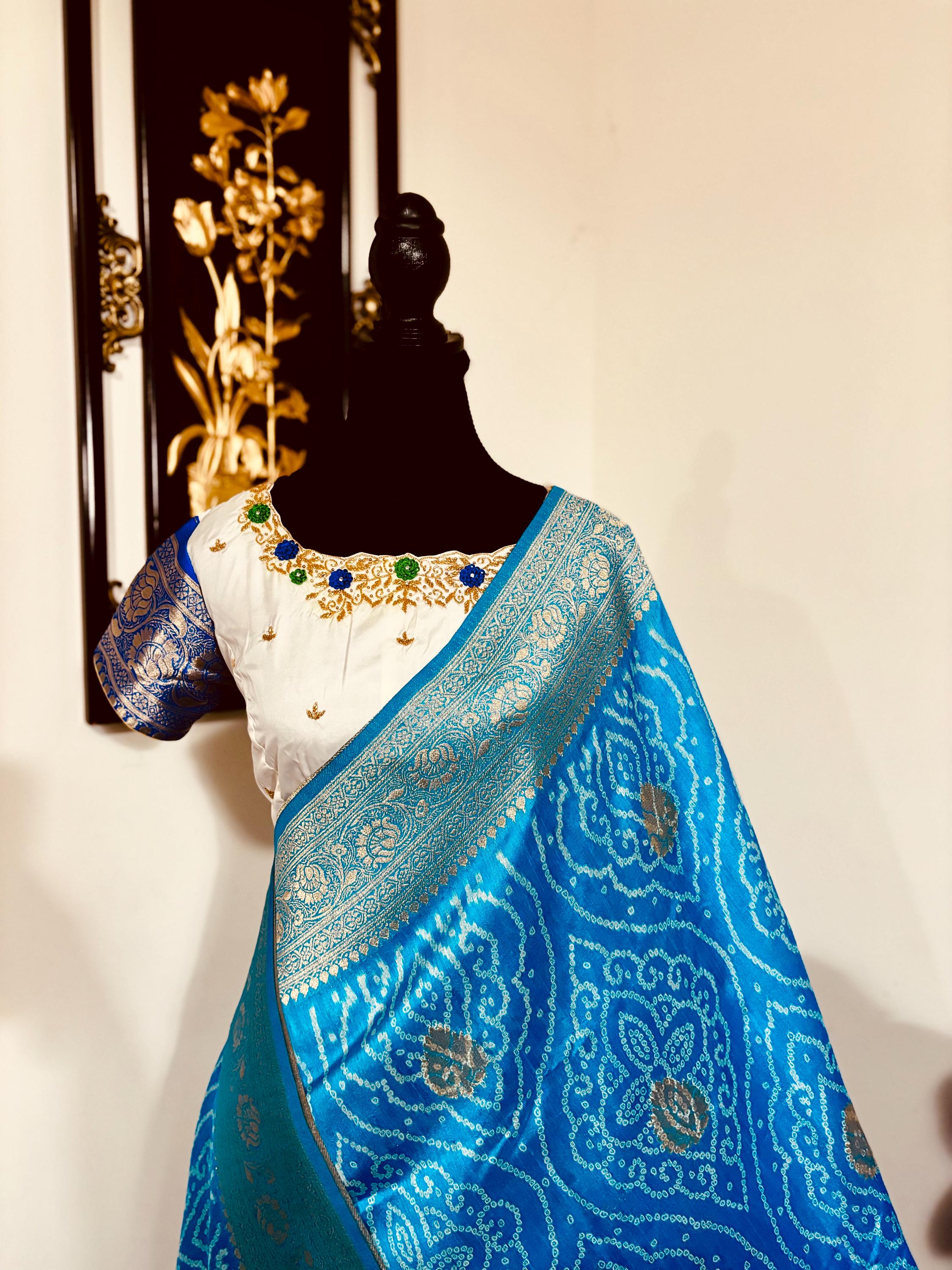 Beautiful cocktail dual shade  bandini silk saree paired up pretty maggam blouse fits  sizes 32 -46 ready to wear prettiest blouse