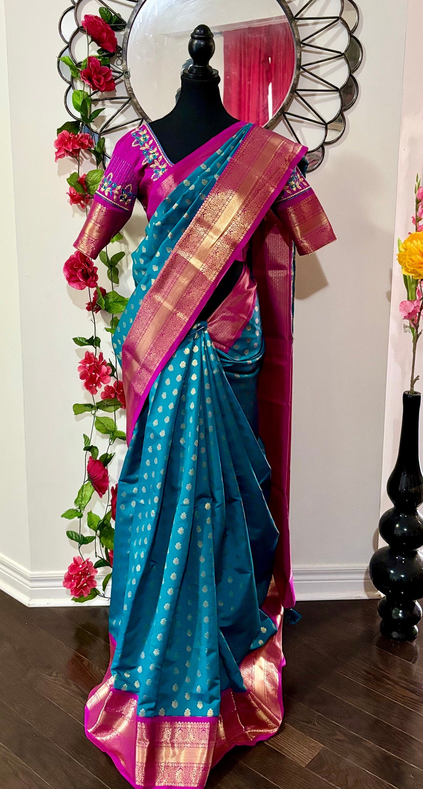 Kanchipuram soft silk saree in rare colors with beautifully done hand  made embroidered blouse with ready to wear work blouse fits 32 to 46