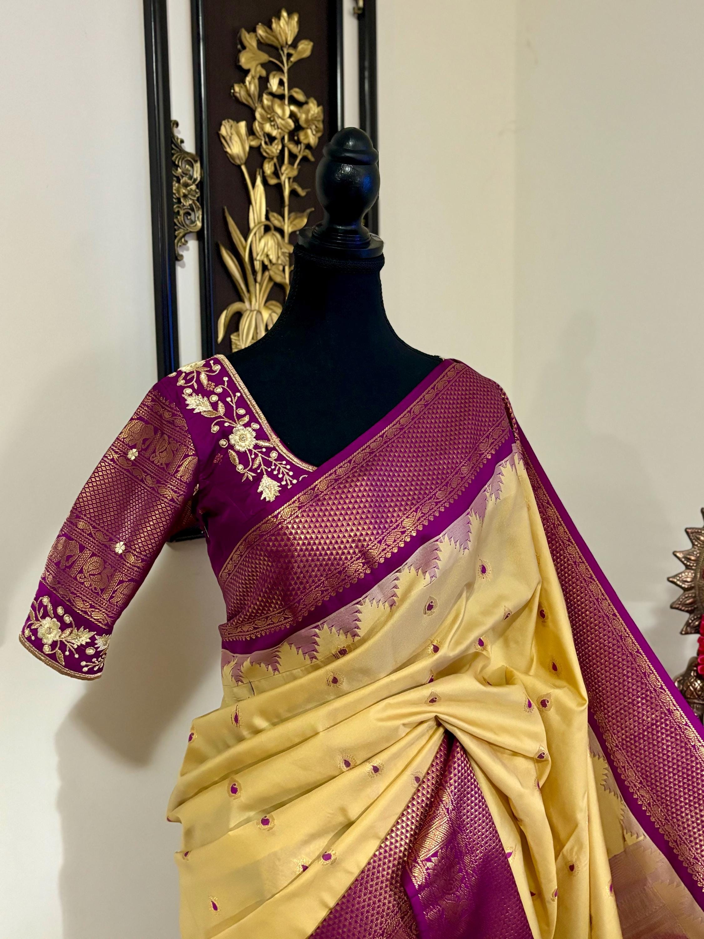Gadwal Handloom pure silk sarees in rare colors and ready to wear blouse with embroidered blouse fits up to 32 -46 saree is ready fall pico
