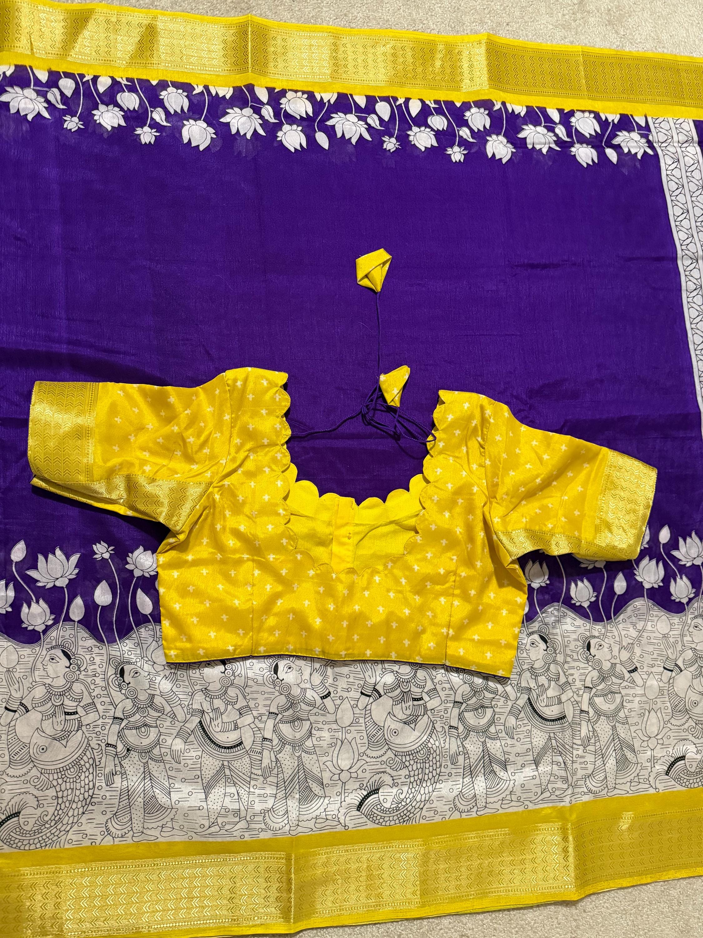Light weight easy to drape Soft Silk fancy Saree; with beautiful Kanchi boarder , with Kalamkari design ready to wear Blouse fits 32-46