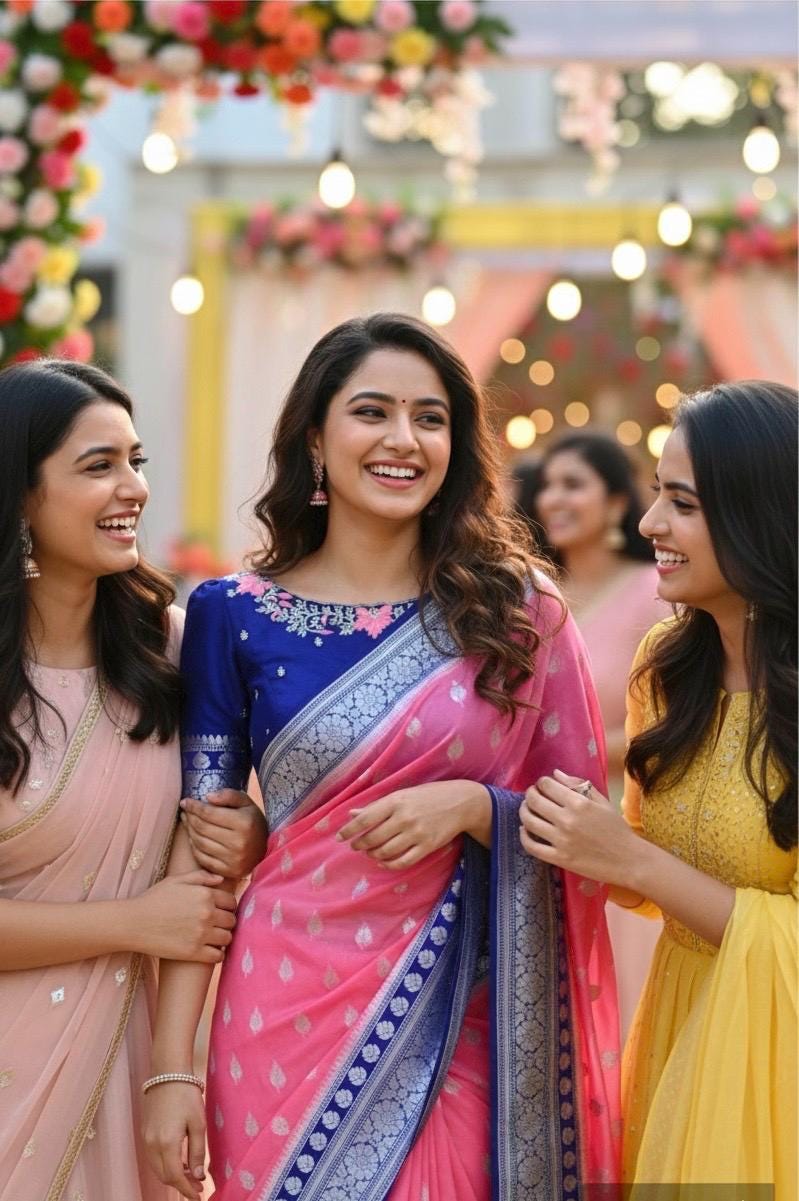 Beautiful banarasi kattan saree paired up with pretty maggam work blouse.