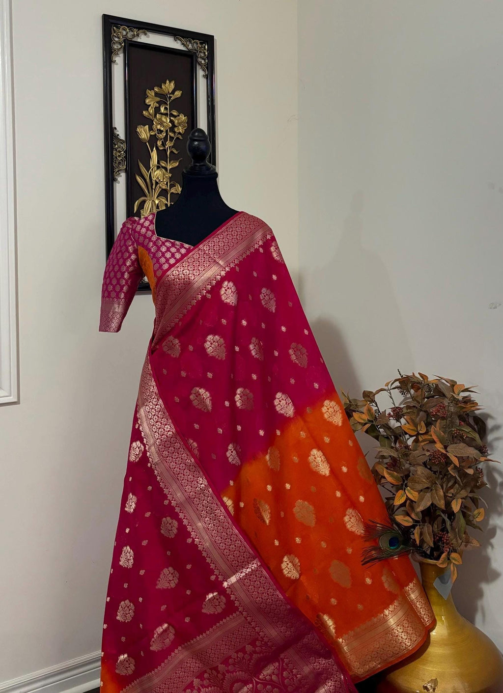 Beautiful Banarasi Dual shade  handloom khadi georgette silk saree all over beautiful water zari weaving work all over  32-46 Ready Blouse
