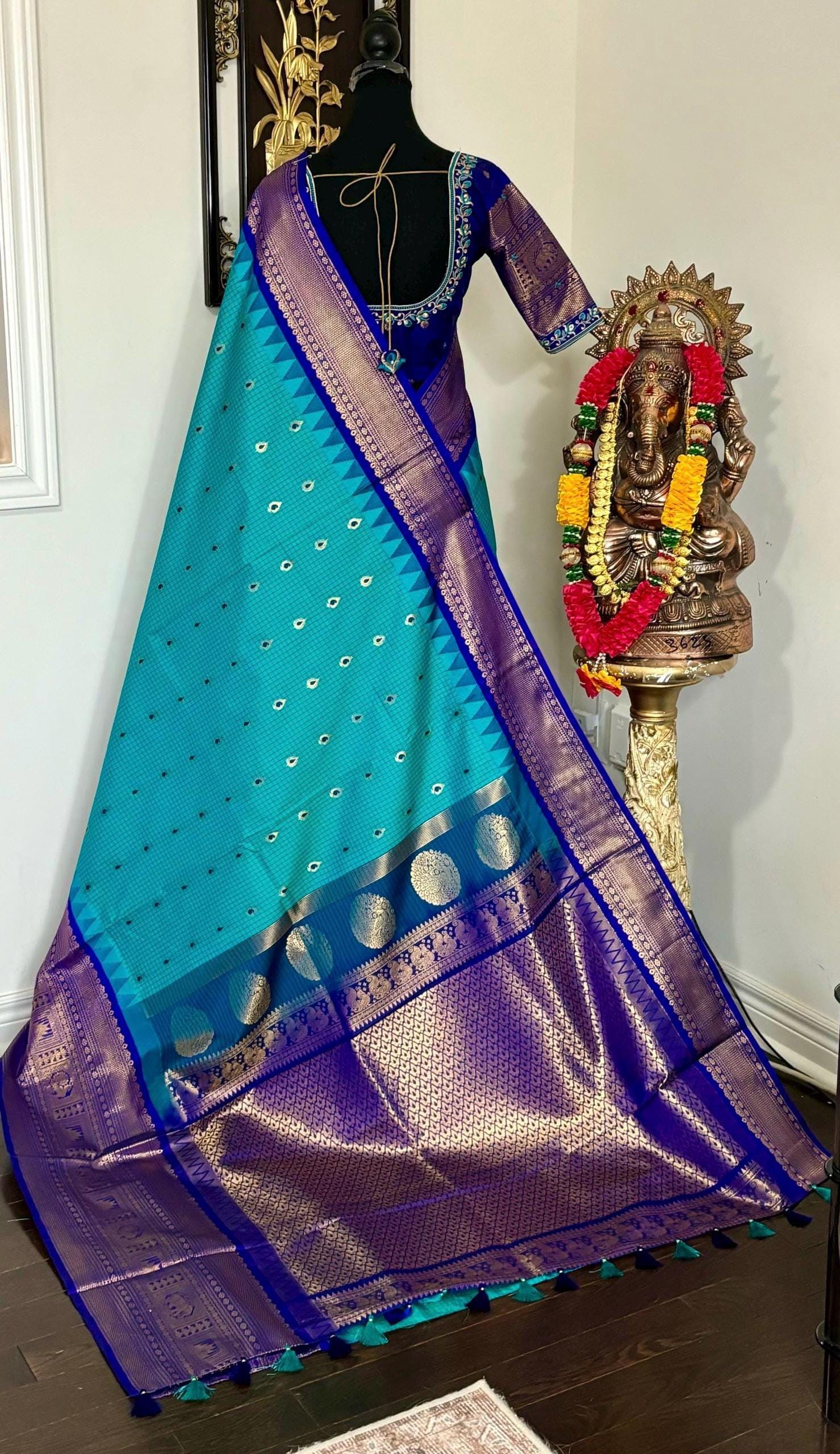 Gadwal Handloom pure silk sarees in rare colors and ready to wear blouse with embroidered blouse fits up to 32 -46 saree is ready fall pico