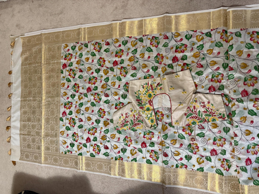 Beautiful soft cream color mango silk saeee with kalamkari saree along with embroided blouse ready to wear