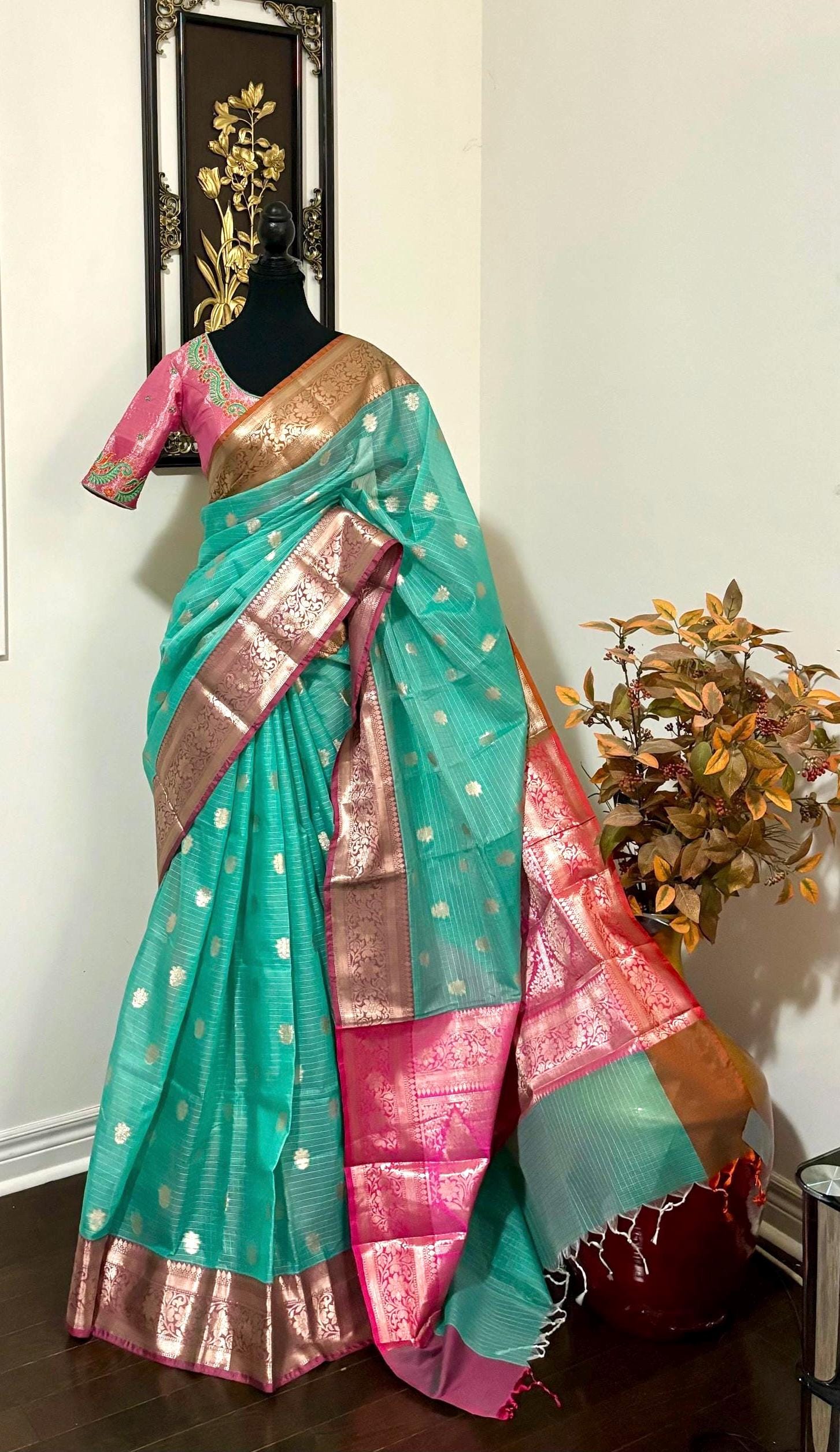 Beautiful Tissue Zari Kota saree with Kanchi  Zari boardes and beautifully done blouse paired up with pretty blouse fits up to 32 to 46