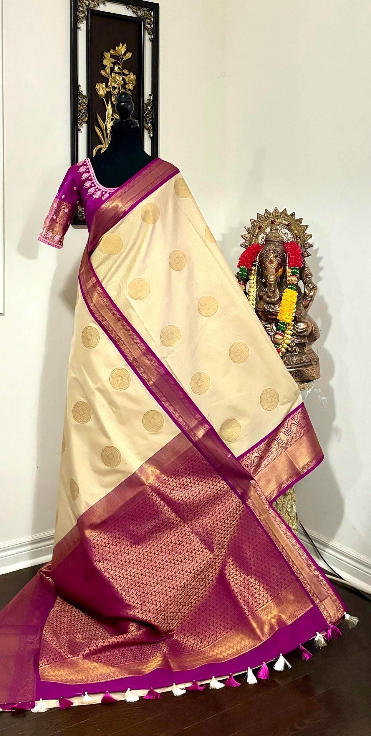 Kanchipuram soft silk saree in rare colors with beautifully done hand  made embroidered blouse with ready to wear work blouse fits 32 to 46