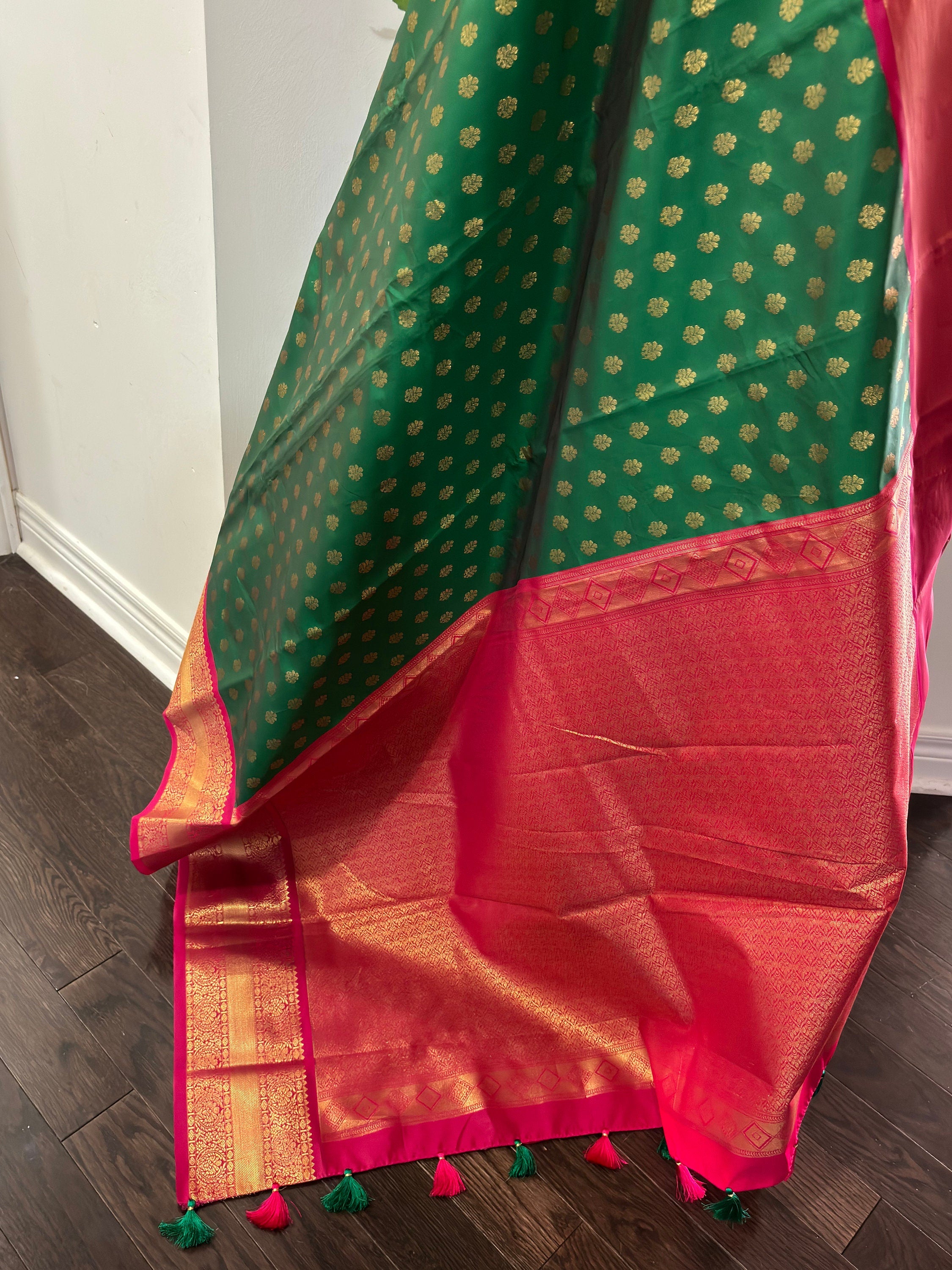 Kanchipuram soft silk saree in rarecolors with beautifully done hand  made embroidered blouse with readytowear work blouse fitsup to32 to 46