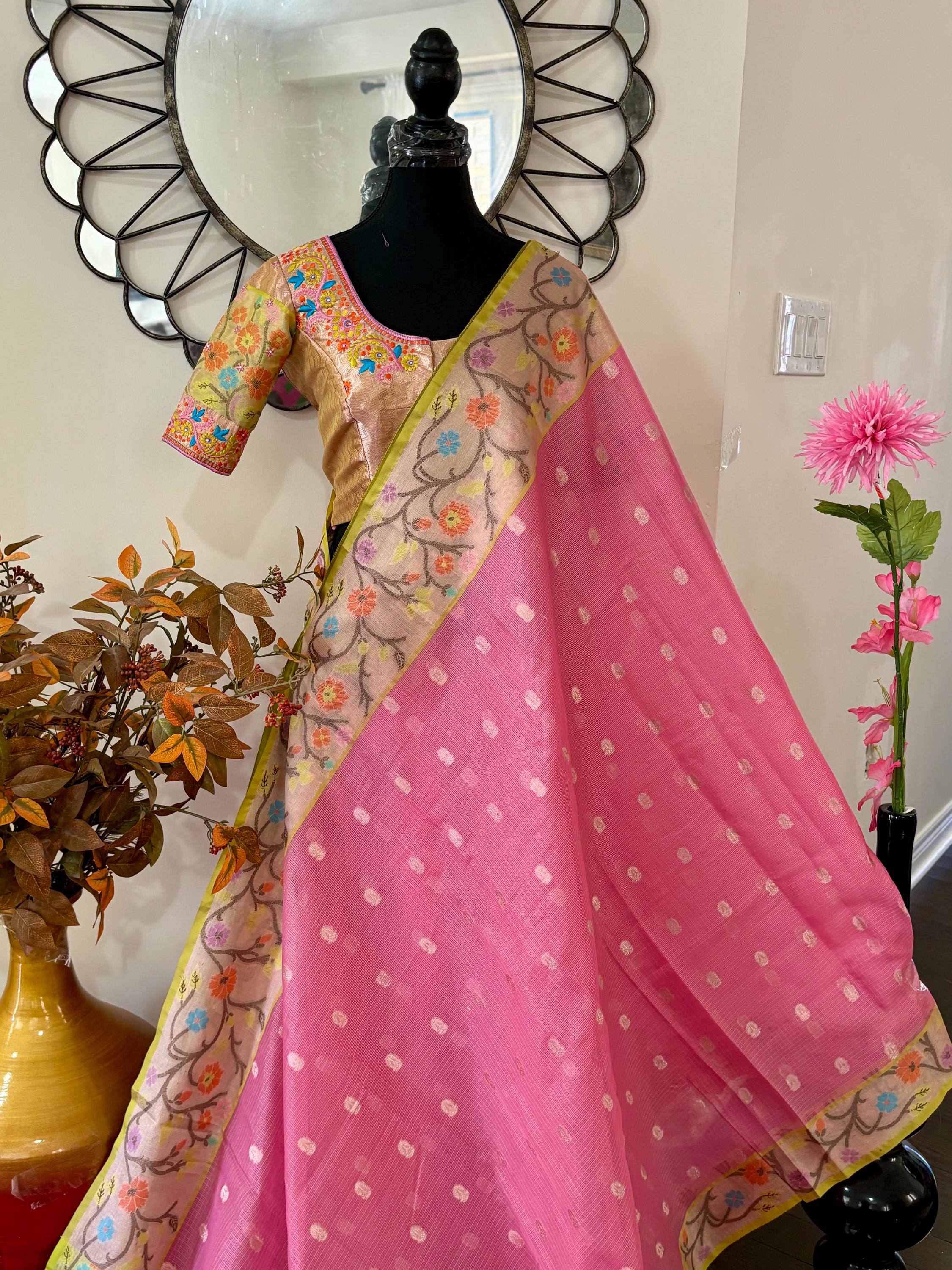 Beautiful Tissue Zari Kota saree with pythani  Zari boardes and beautifully done blouse paired up with pretty blouse fits up to 32 to 46