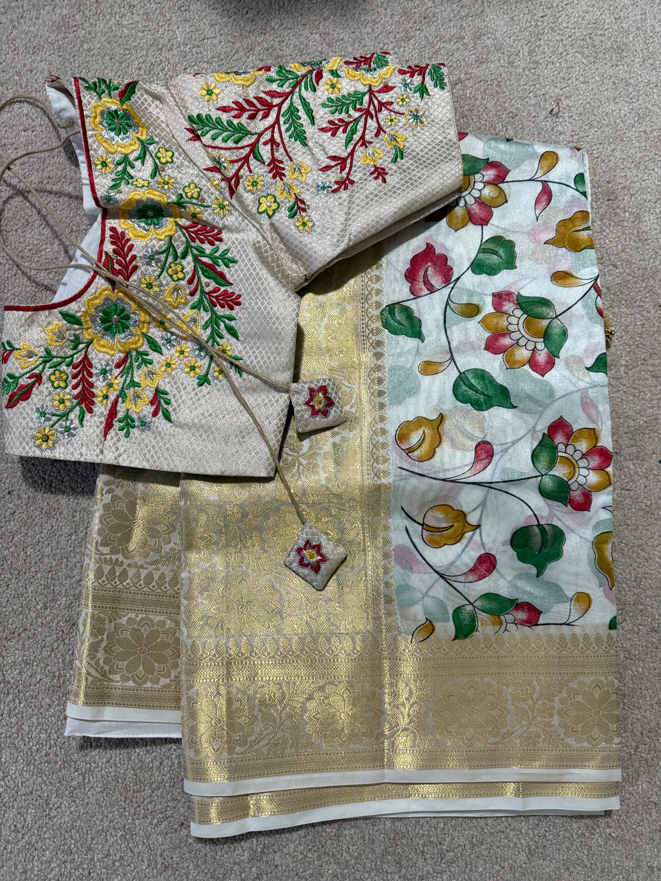 Beautiful soft cream color mango silk saeee with kalamkari saree along with embroided blouse ready to wear