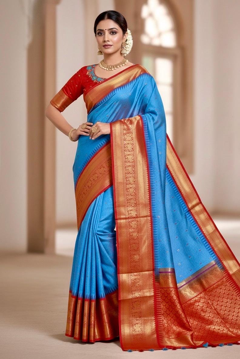 Gadwal Handloom pure silk sarees in rare colors and ready to wear blouse with embroidered blouse fits up to 32 -46 saree is ready fall pico