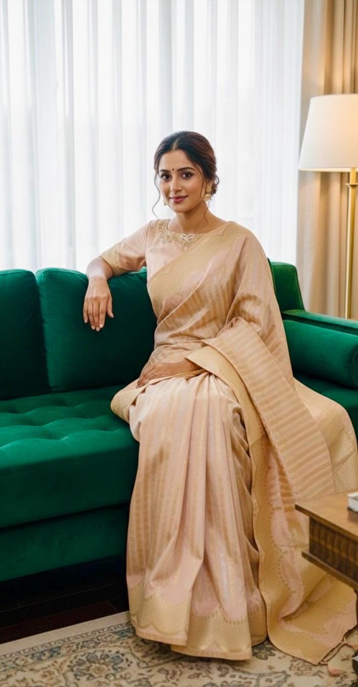 Beautiful Banarasi kataan silk  saree paired up with pretty Maggam work blouse. Blouse sizes can be customized.