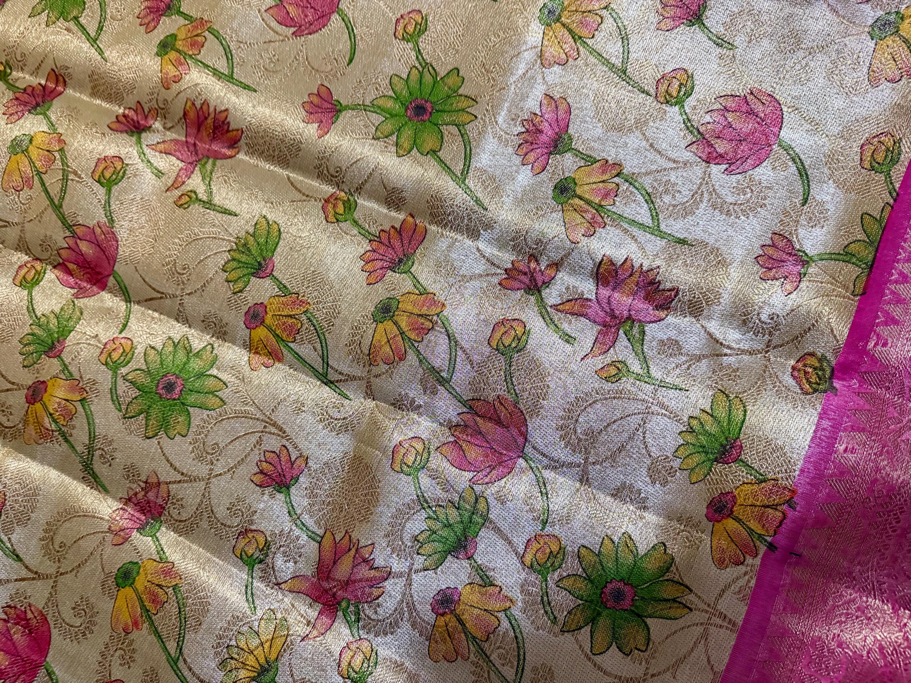 Kanchipuram kalamkari   soft silk saree in rare colors with beautifull embroidered blouse with ready to wear work blouse fits 32 to 46
