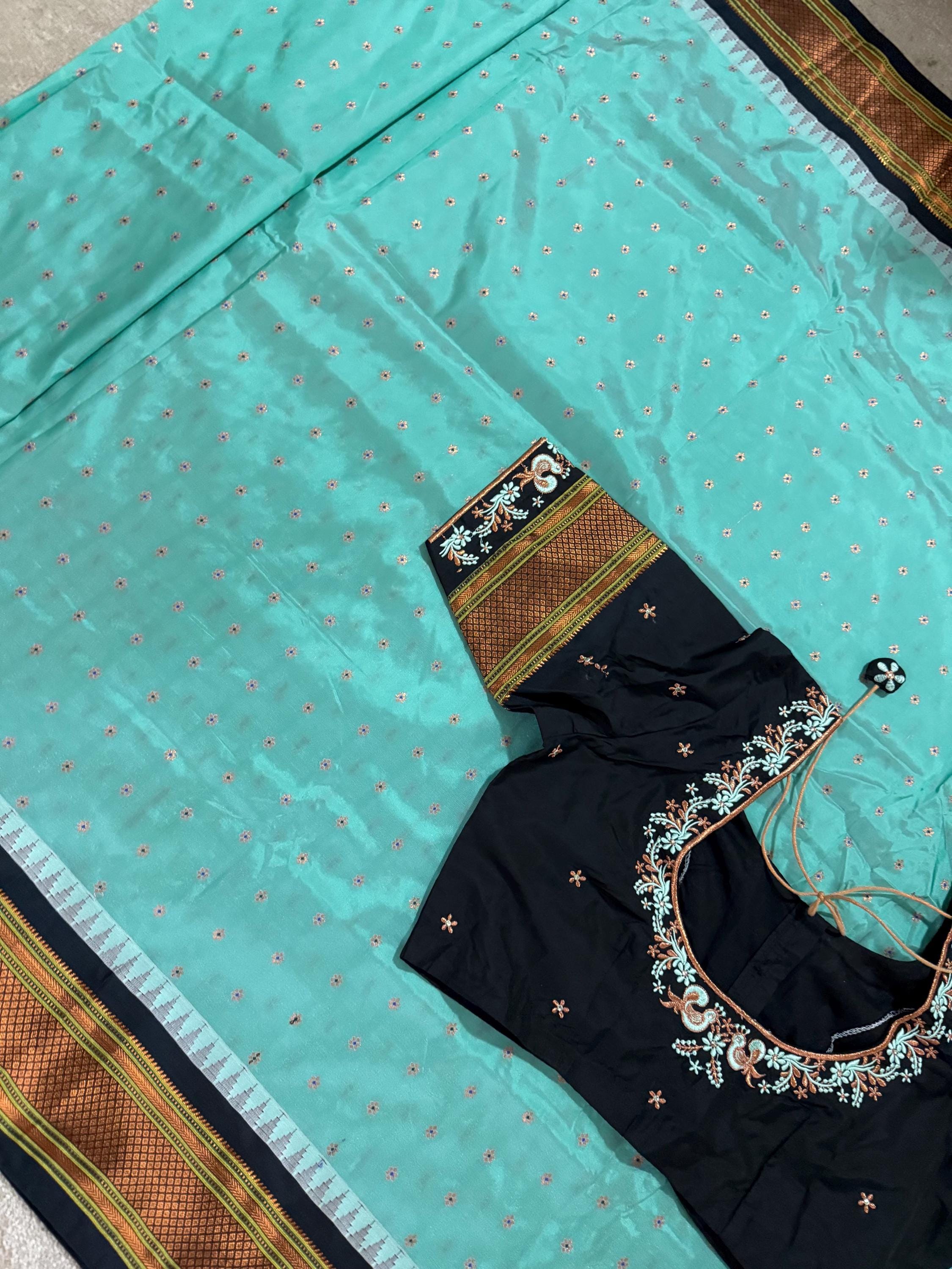 Gadwal Handloom pure silk sarees in rare colors and ready to wear blouse with embroidered blouse fits up to 32 -46 saree is ready fall pico