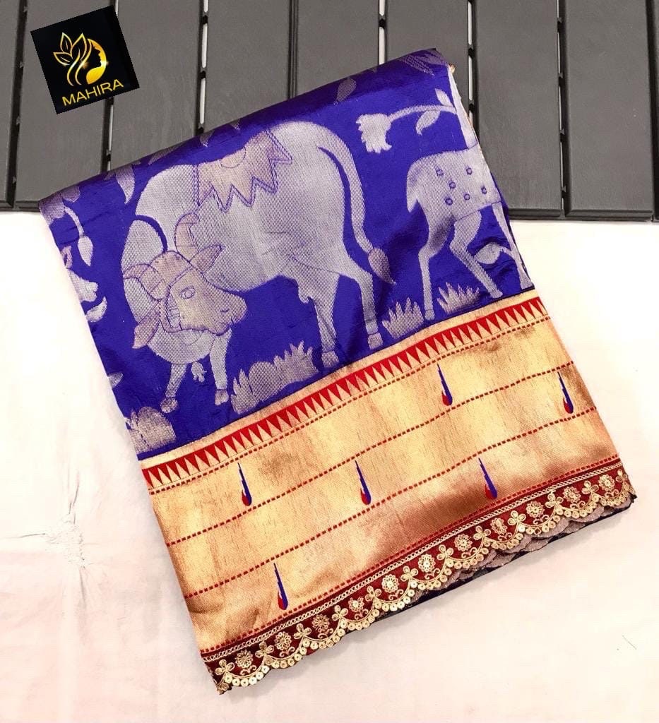 Beautiful soft paithani silk saree with all over zari weaving along with contrast munia border and pretty sequins lace border
