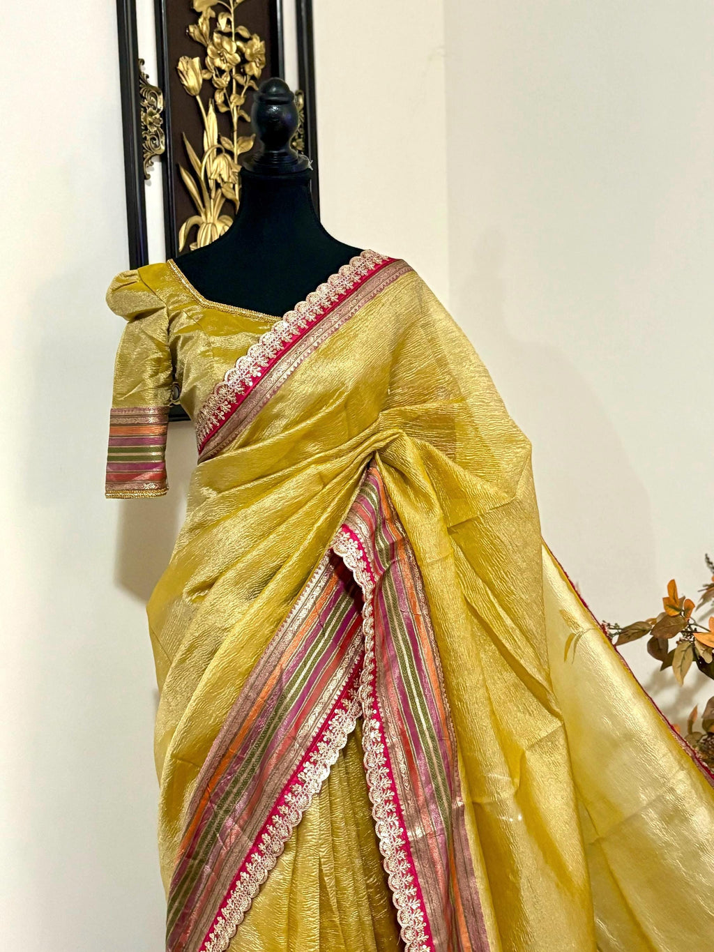 Beautiful party wear cocktail pure silk  crush tissue  saree paired up with pretty designer Blouse fits 32-46/contact seller for availabil