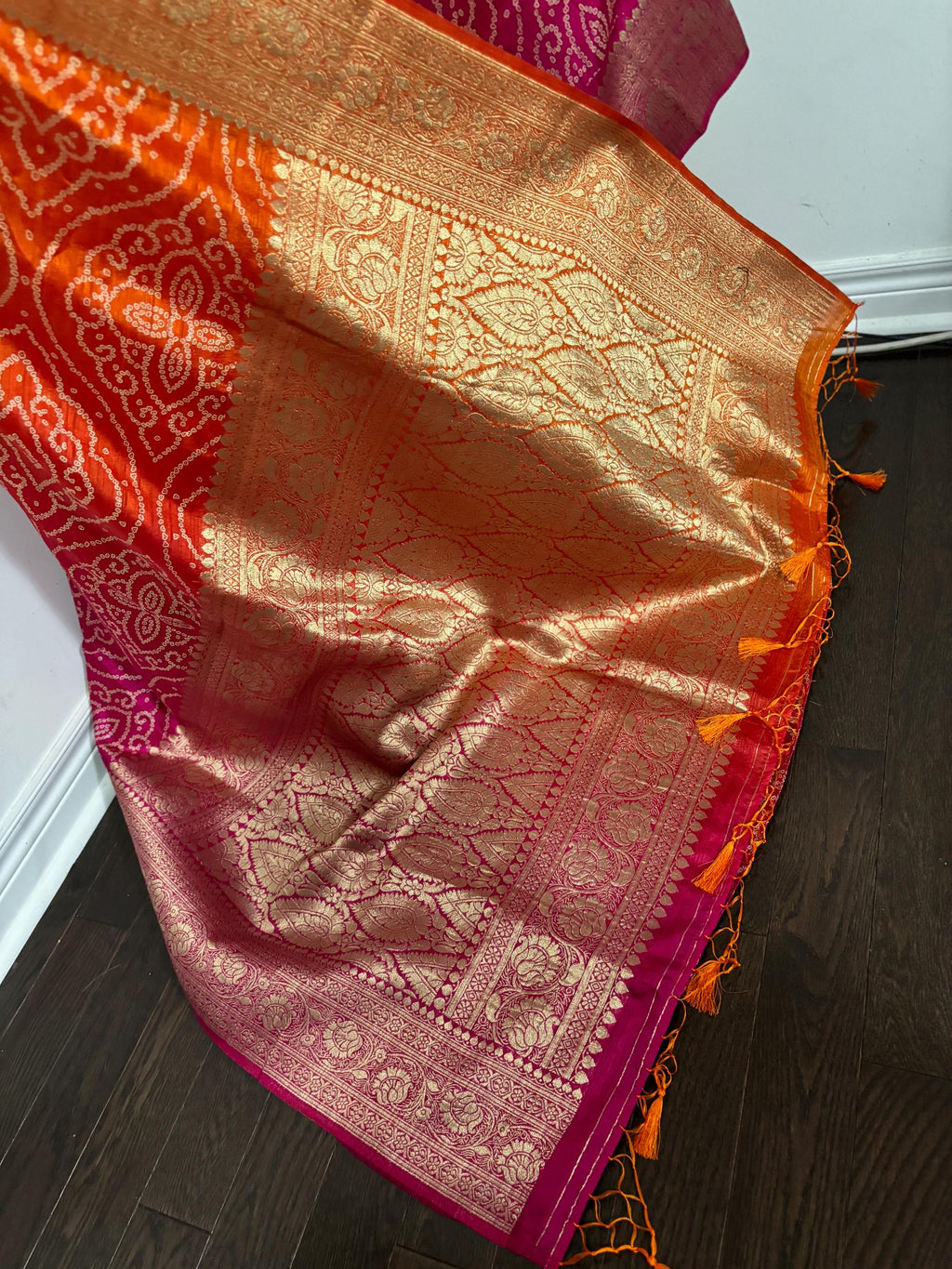 Beautiful cocktail dual shade banarasi  bandhini silk saree paired up pretty maggam blouse fits  sizes 32 -46 ready to wear prettiest blouse