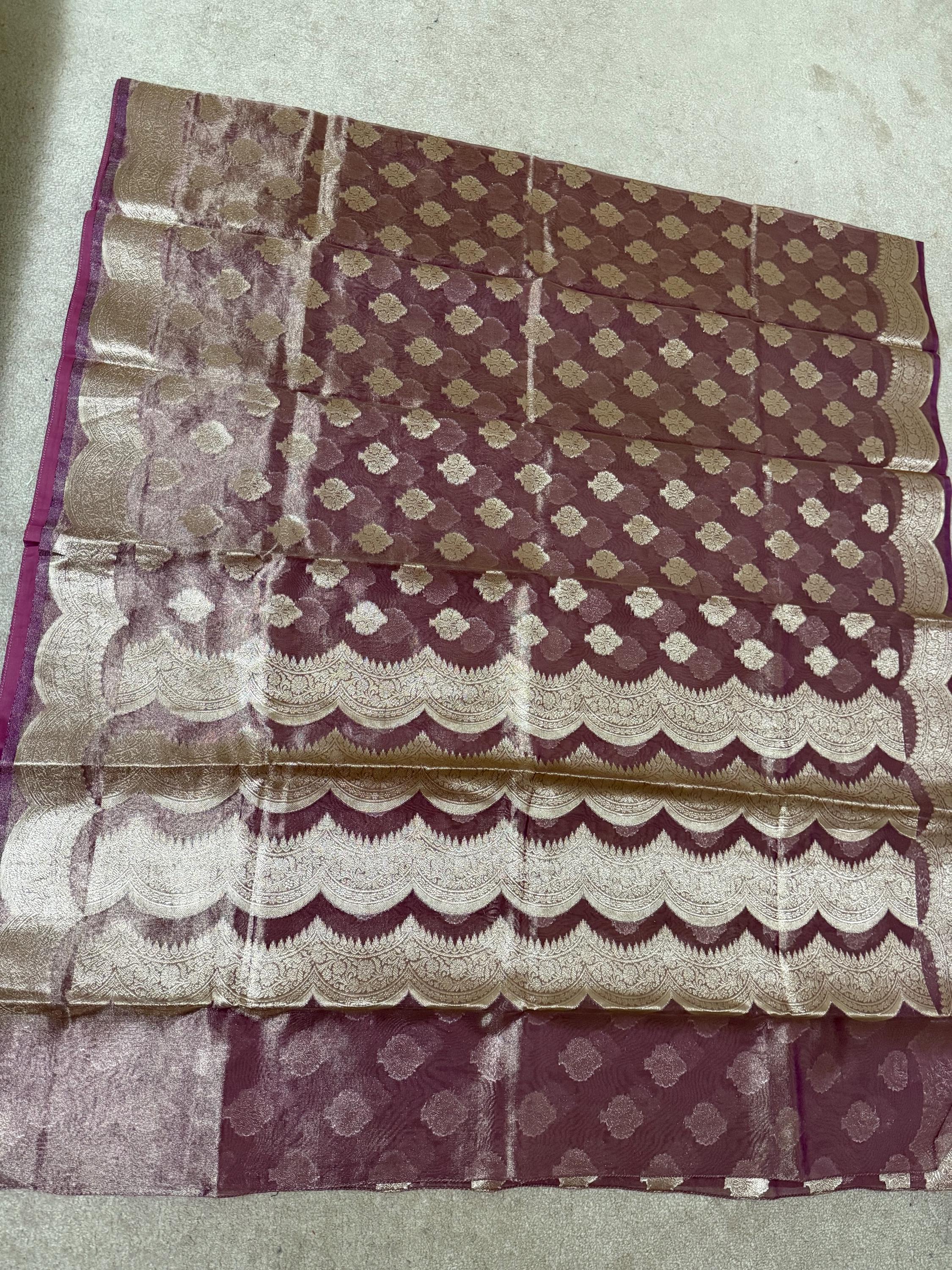 Beautiful party wear cocktail pure silk  banarasi  tissue  saree paired up with pretty designer Blouse fits 32-46