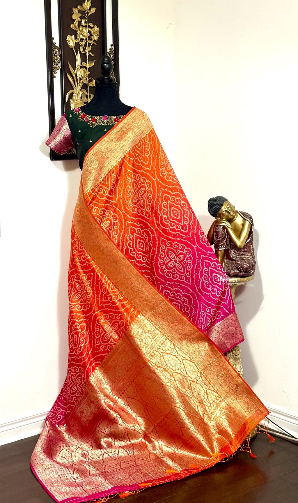Beautiful cocktail dual shade banarasi  bandhini silk saree paired up pretty maggam blouse fits  sizes 32 -46 ready to wear prettiest blouse