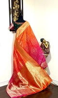 Beautiful cocktail dual shade banarasi  bandhini silk saree paired up pretty maggam blouse fits  sizes 32 -46 ready to wear prettiest blouse
