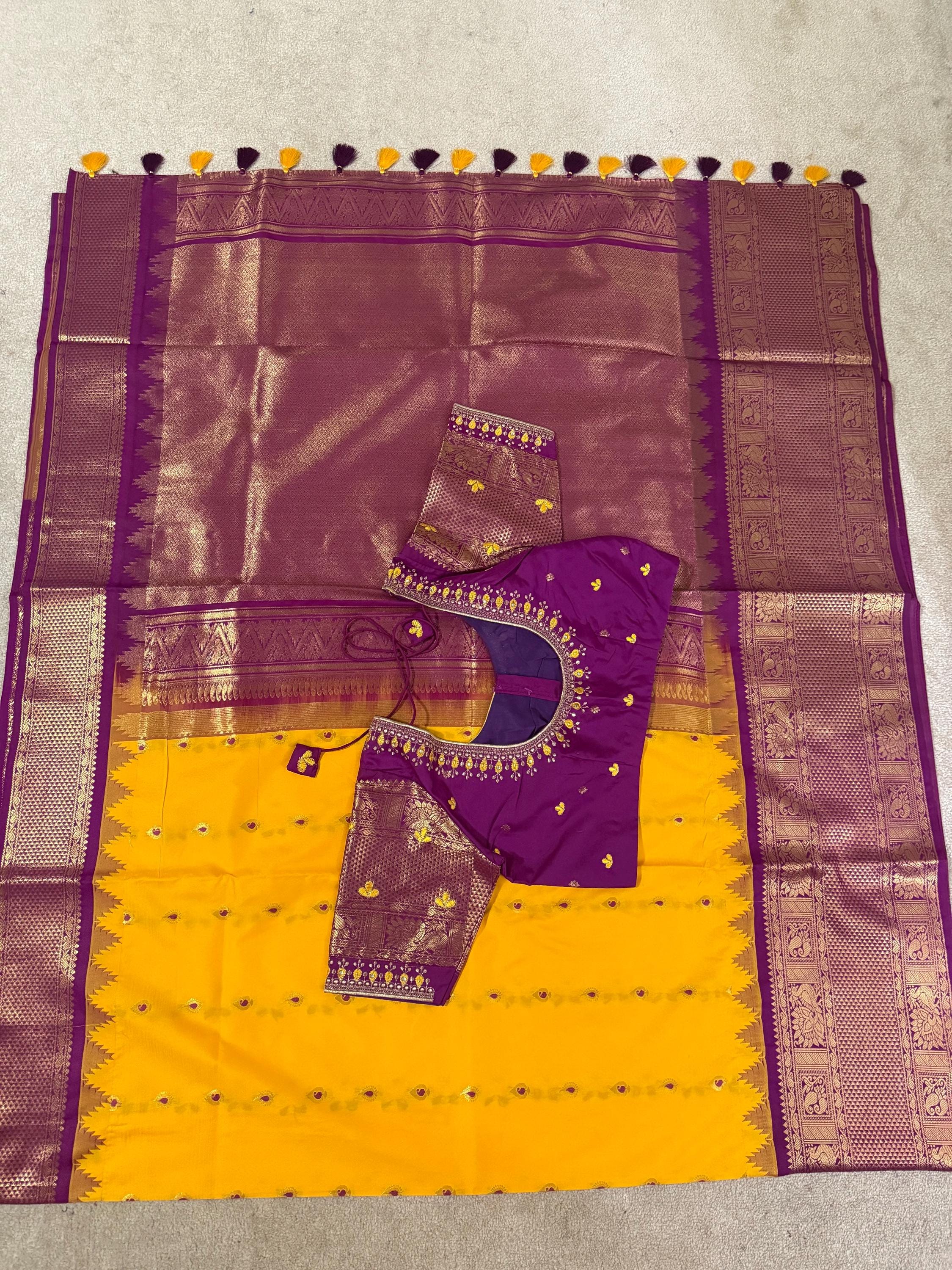 Gadwal Handloom pure silk sarees in rare colors and ready to wear blouse with embroidered blouse fits up to 32 -46 saree is ready fall pico