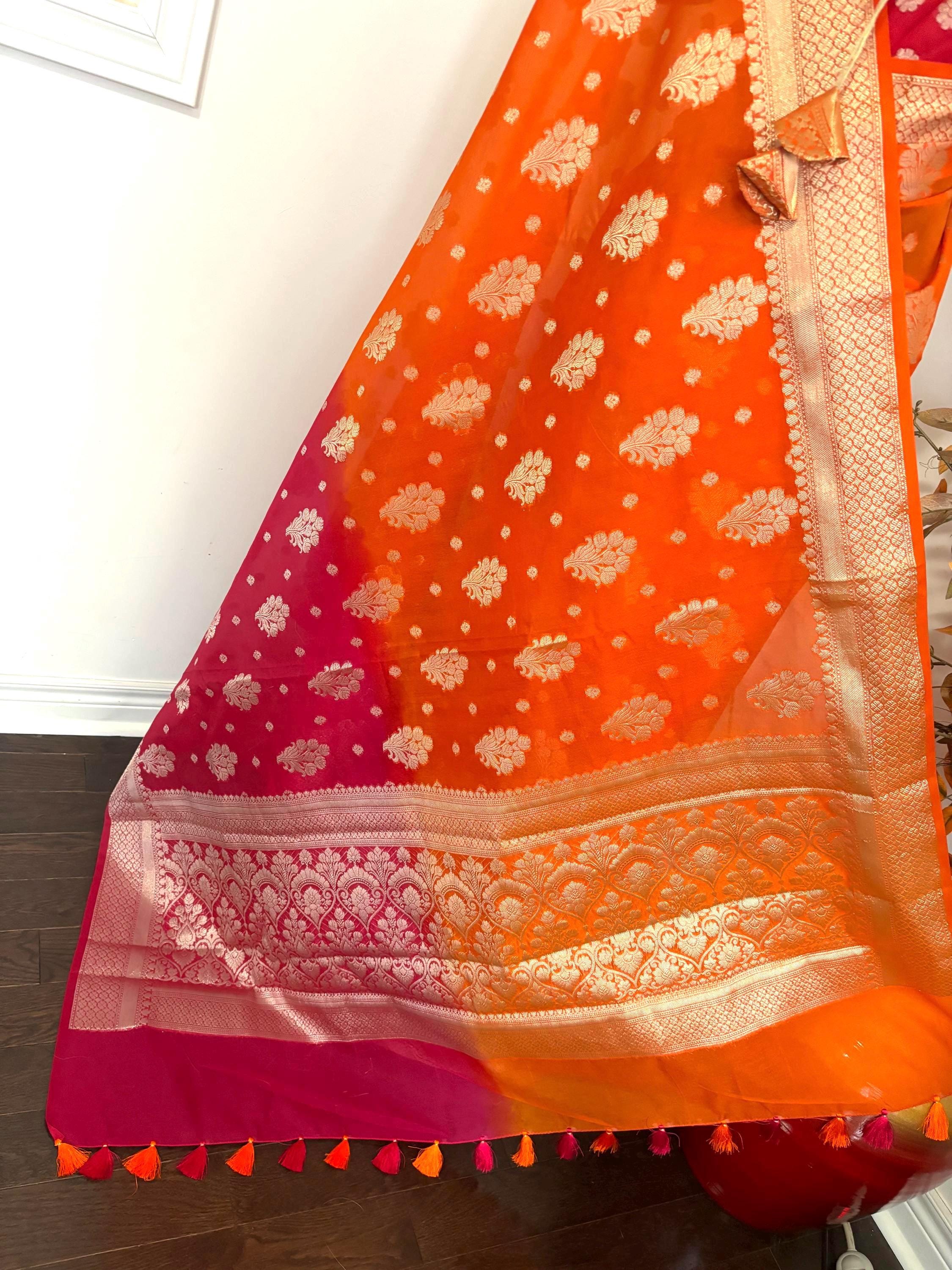 Beautiful Banarasi Dual shade  handloom khadi georgette silk saree all over beautiful water zari weaving work all over  32-46 Ready Blouse
