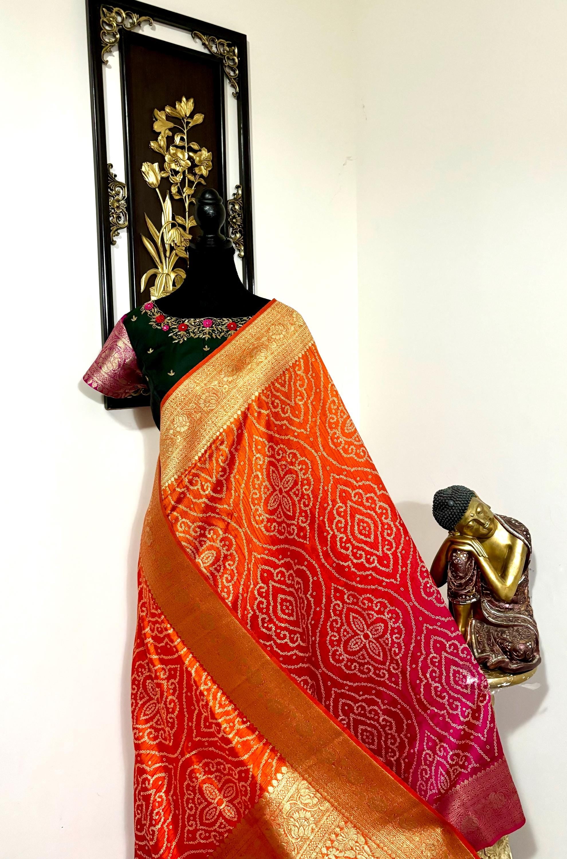Beautiful cocktail dual shade banarasi  bandhini silk saree paired up pretty maggam blouse fits  sizes 32 -46 ready to wear prettiest blouse