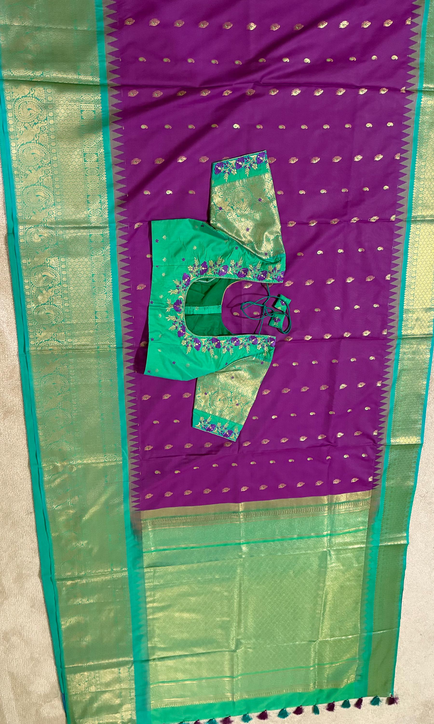 Gadwal Handloom pure silk sarees in rare colors and ready to wear blouse with embroidered blouse fits up to 32 -46 saree is ready fall pico