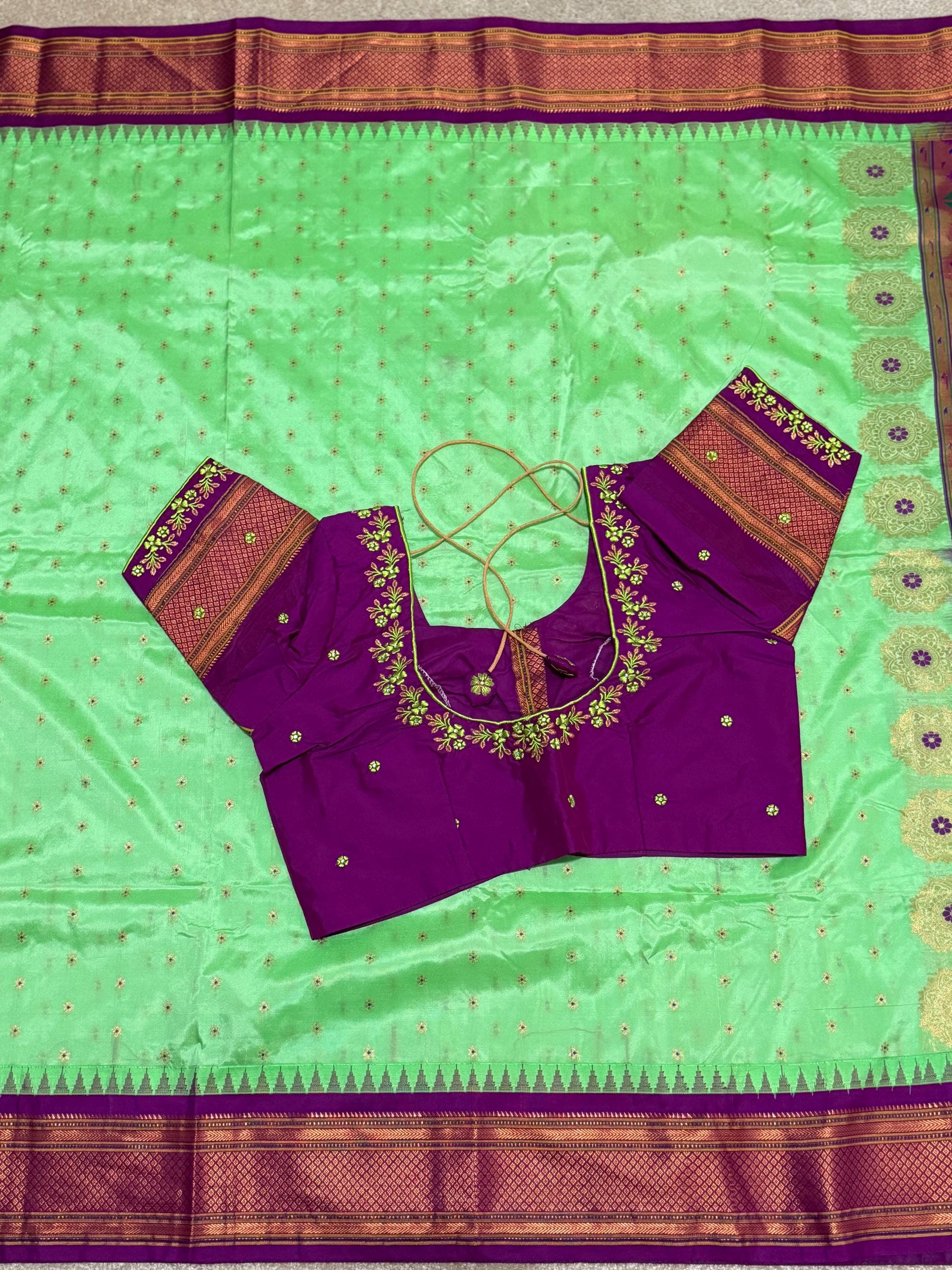 Gadwal Handloom pure silk sarees in rare colors and ready to wear blouse with embroidered blouse fits up to 32 -46 saree is ready fall pico