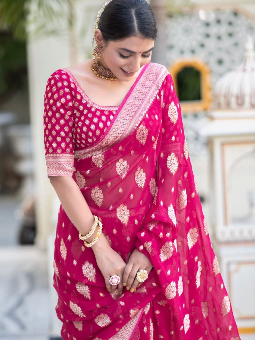 Banarasi handloom khadi georgette silk soft falling saree all over beautiful water zari weaving work any color possible ready to wear blouse