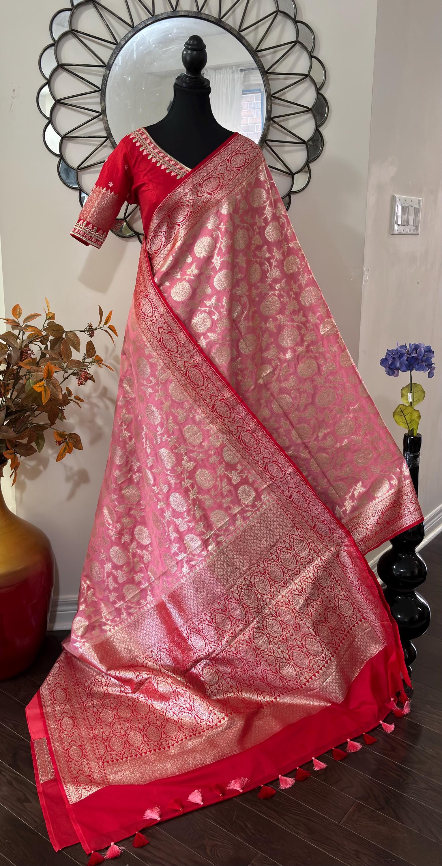 Beautiful banarasi silk saree paired up with beautiful embroidery blouse fits to 32 to 46 in beautiful rare colors all over jaal. Cocktails