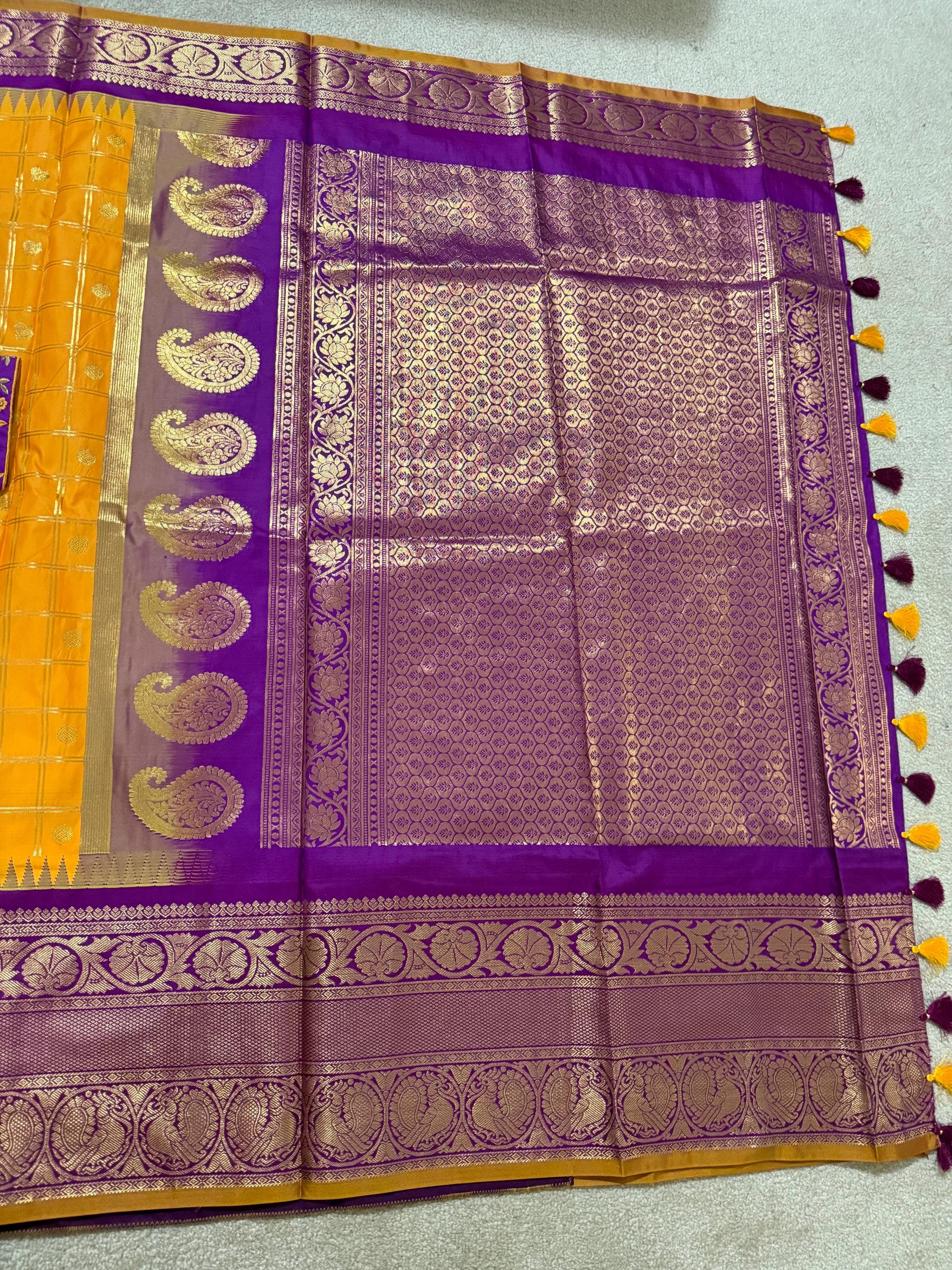 Gadwal Handloom pure silk sarees in rare colors and ready to wear blouse with embroidered blouse fits up to 32 -46 saree is ready fall pico