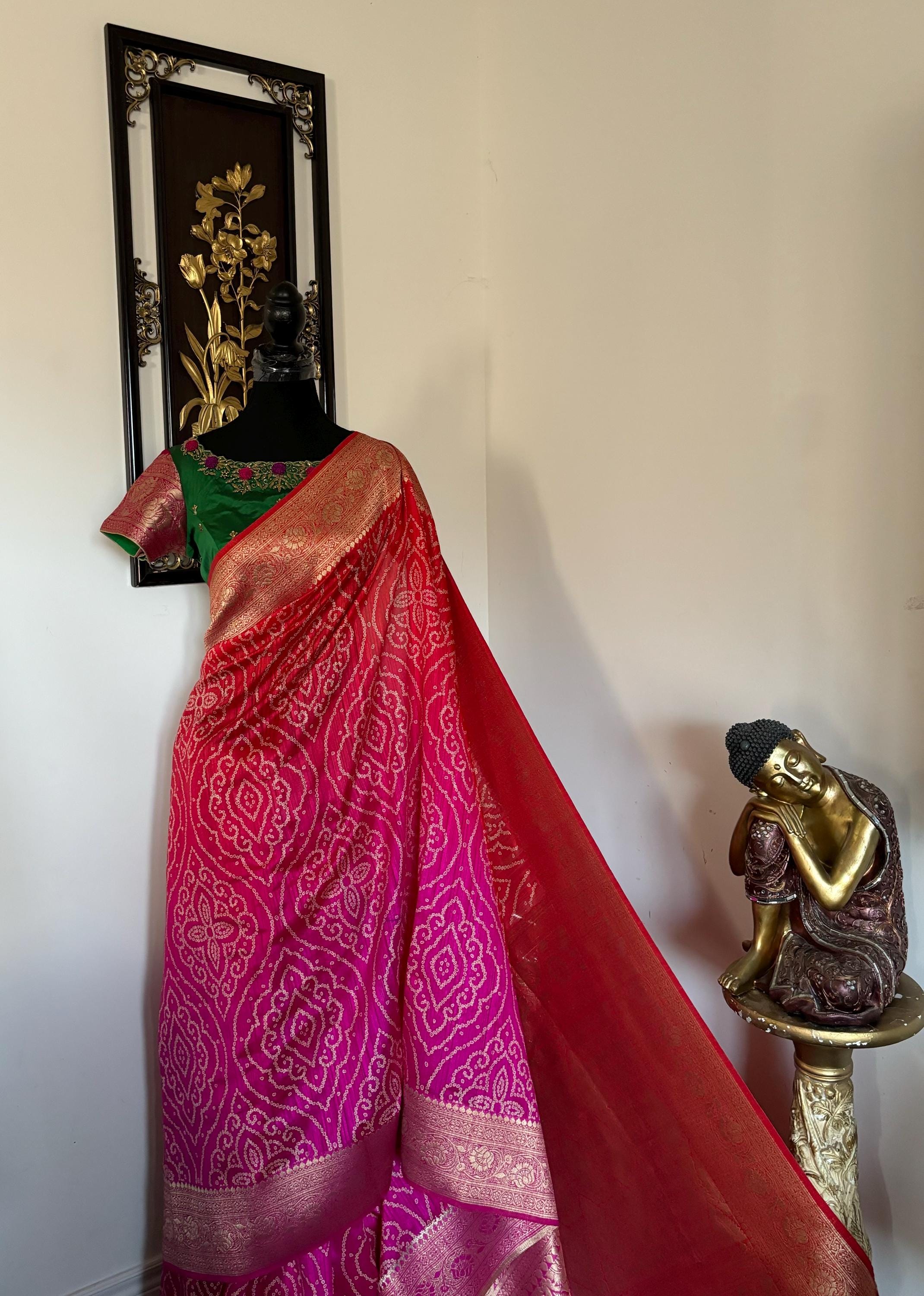 Beautiful cocktail dual shade banarasi  bandhini silk saree paired up pretty maggam blouse fits  sizes 32 -46 ready to wear prettiest blouse