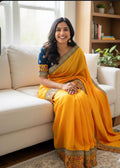 Designer soft Crape  silk Saree with beautiful work boarder / ready to wear Maggam work blouse fits to 32 to 46 .Saree is ready fall andpico